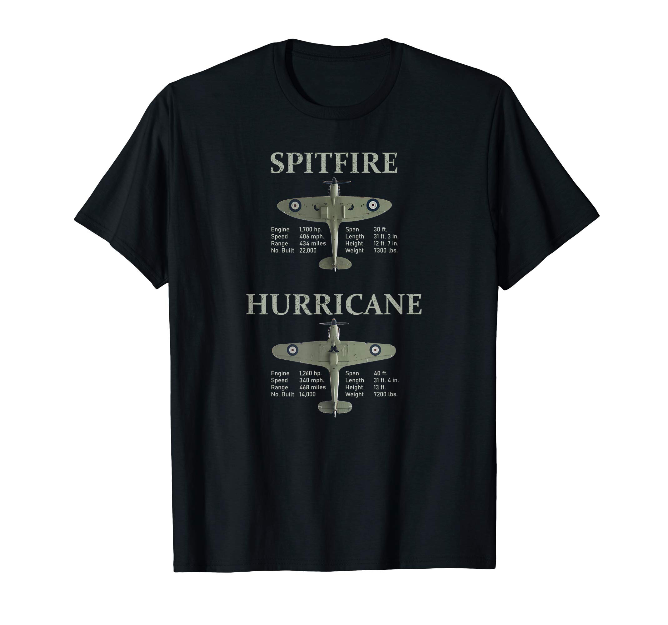 British Plane Stats Roundel Identification ClothesSpitfire Vs Hurricane Specs Fighter Aircraft WW2 Warbird T-ShirtOEKO-TEX STANDARD 100
