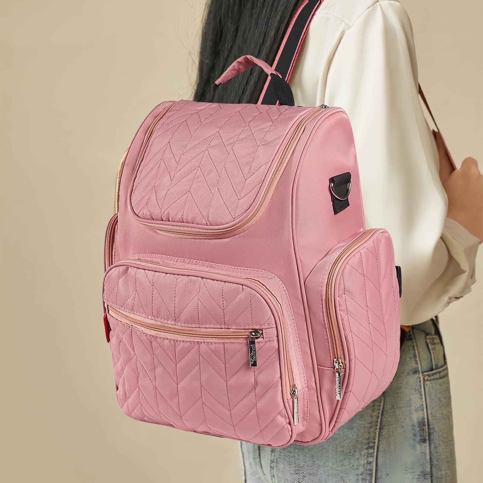 SONARIN Impermeabile Leggero Zaino Fasciatoio,Borsa per Pannolini Multifunzionale Zaino Mamma Neonato Borsa Fasciatoio da Viaggio Portatile con Fasciatoio & Ganci per Passeggino(Rosa)