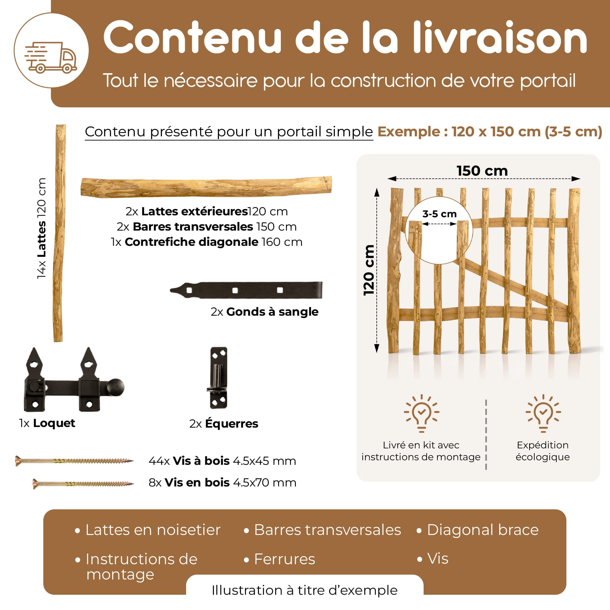 BOOGARDI Portillon de jardin en bois DIY, portail ganivelle en 168 dimensions, 1 vantail ou 2 vantaux, largeur 300 cm x hauteur 120 cm, espacement 7-9 cm