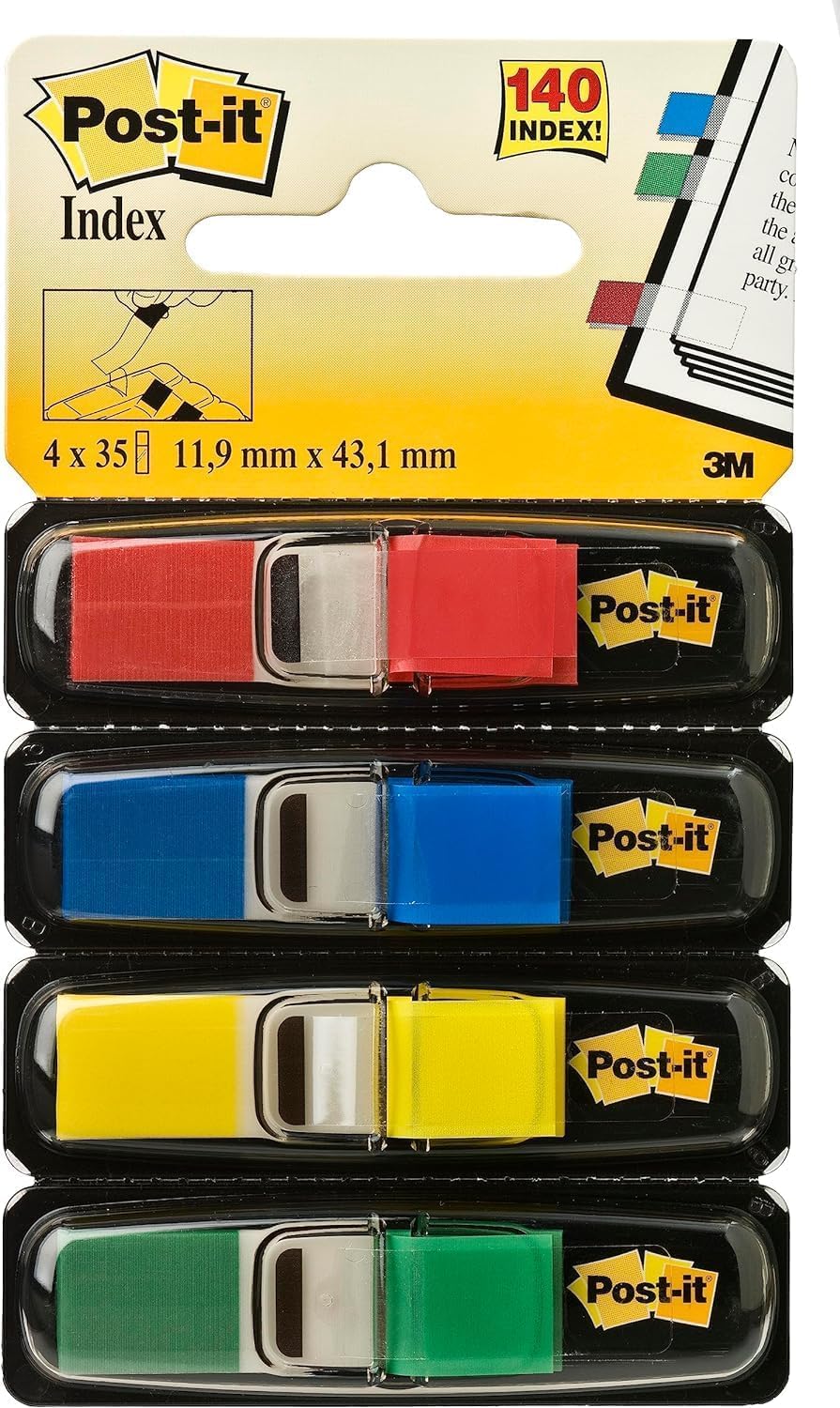 Post-it Index Flags schmal, Packung mit 4 Spendern, 35 Blatt pro Spender, 11, 9 mm x 43, 2 mm, Gelb, Rot, Grün, Blau - Zum Markieren, Hervorheben oder Farbcodieren wichtiger Informationen