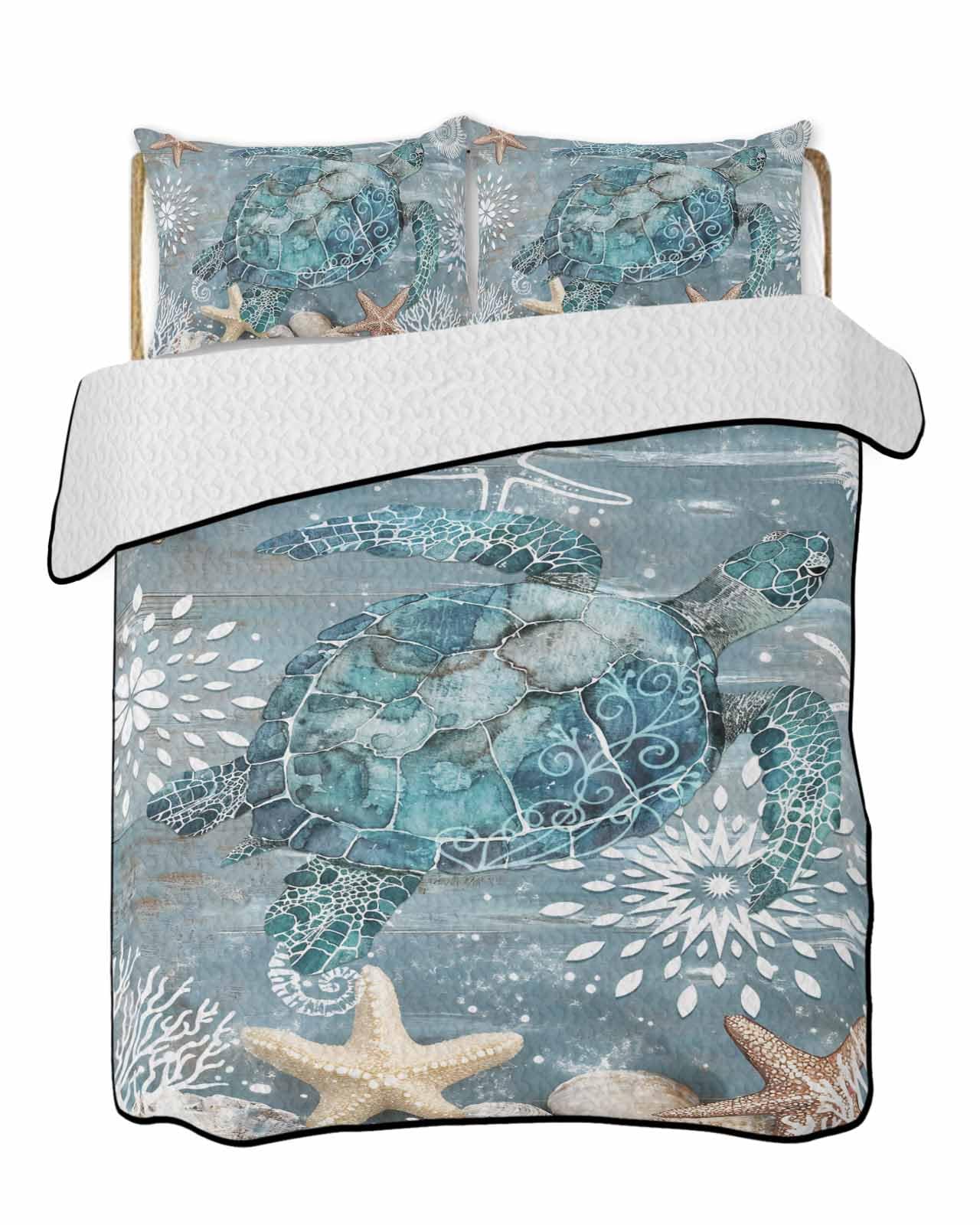 3-Piece Summer Quilt Full Size, Coastal Turtle Lightweight Cooling Bedding Comforter Blanket with 2 Pillow Shams, Summer Nautical Teal Beach Starfish Coral Bedspreads Quilted Coverlet Sets 78