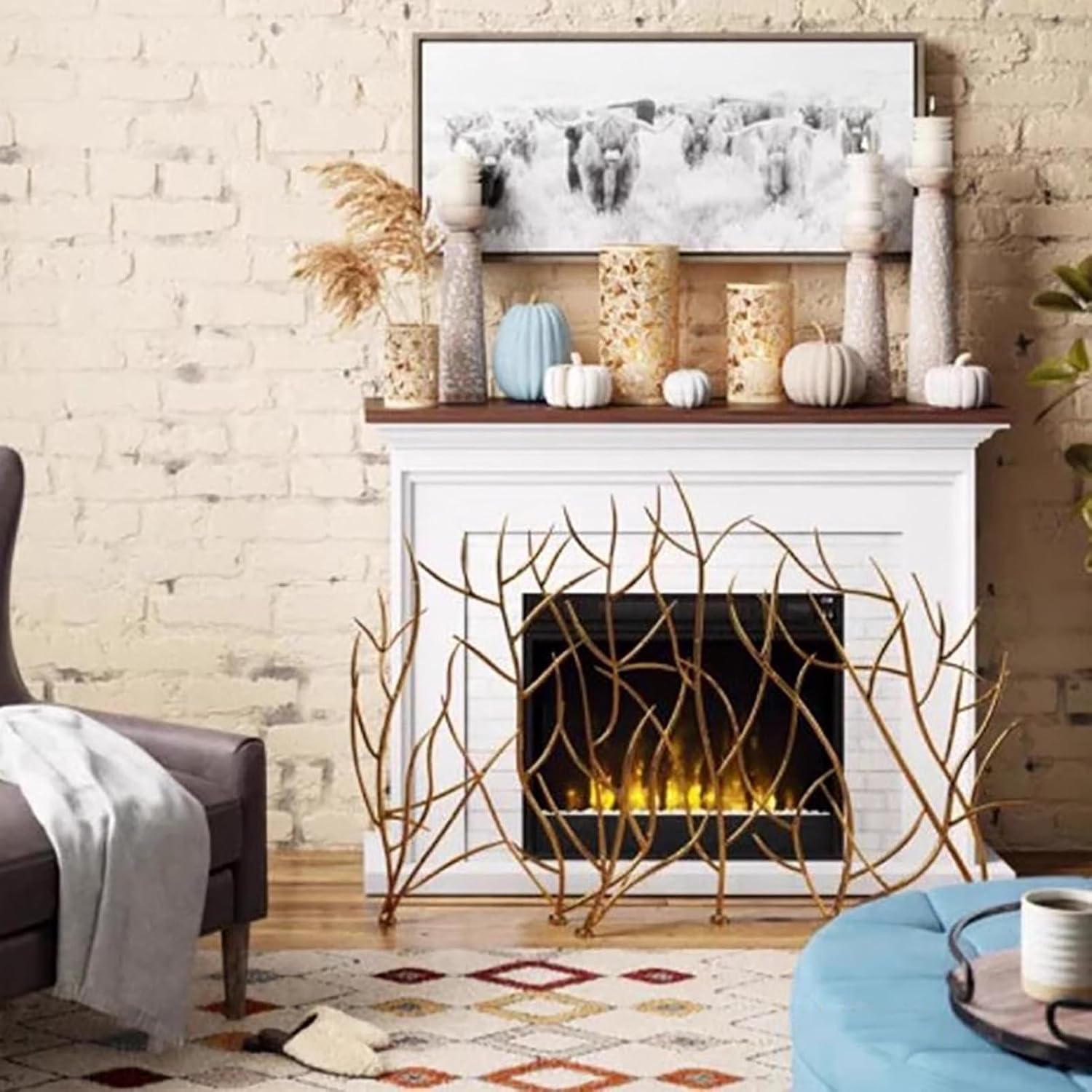 31.5 Inch Freestanding Modern Branch Fireplace Screen Fire Screen Heavy Duty Fireplace Protector Indoor Outdoor (Gold)