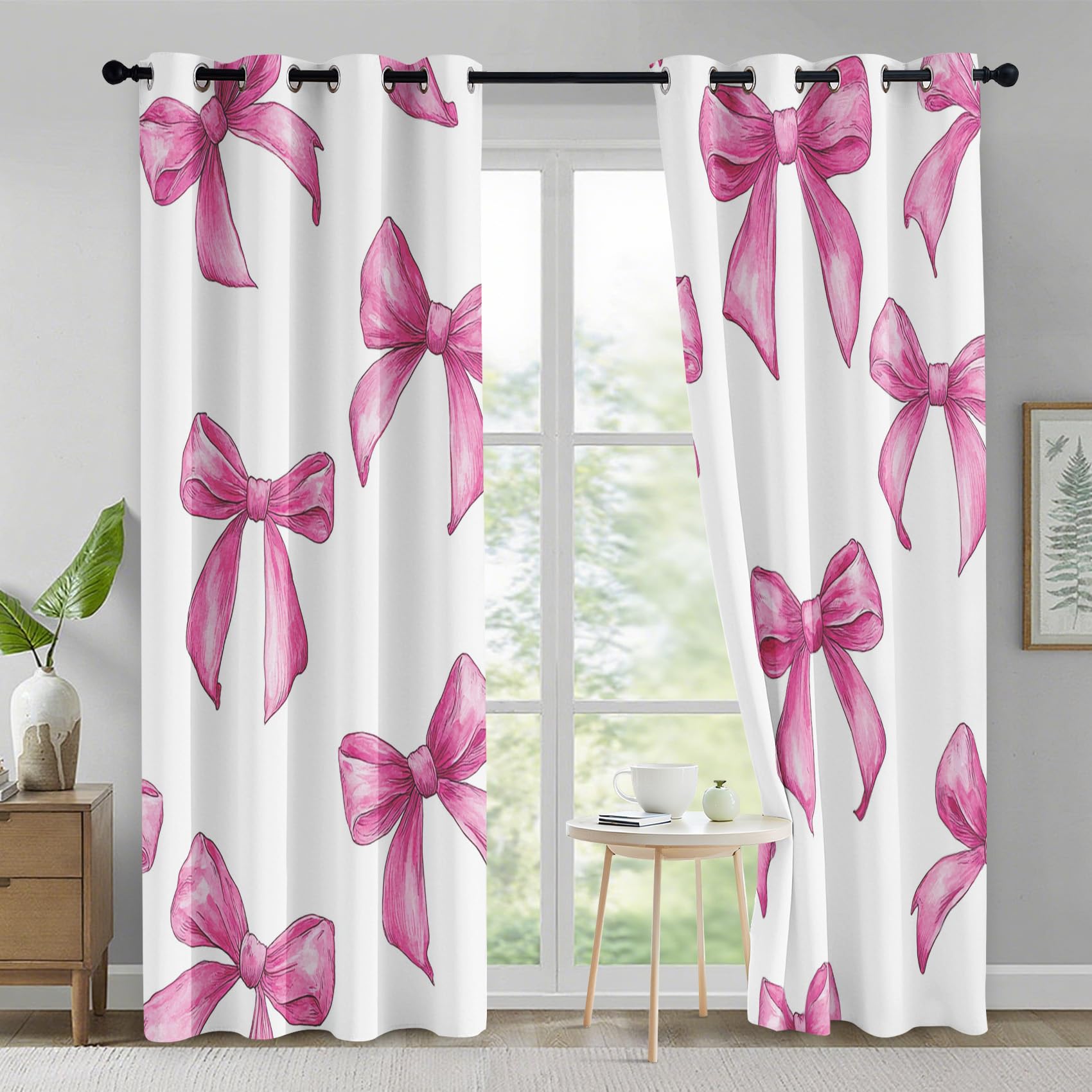 Bow Curtains 95% Blackout, Watercolor Pink Bowknot Patterned Curtains for Living Room Bedroom, 90 Drop Eyelet Thermal Drapes Home Decor, 90x90 Inch 2 Panels X&-140