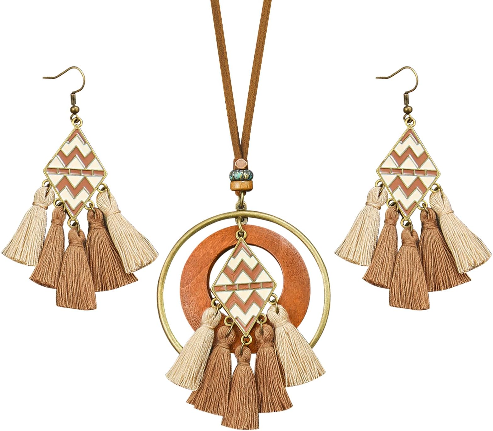 Wooden Leather Necklaces Set Bohemian Wood Stack Discs Long Chain Hemp Rope Bronze Plated Pendant Ethnic Tribal Fall Leaf Earrings Jewelry Statement Necklace