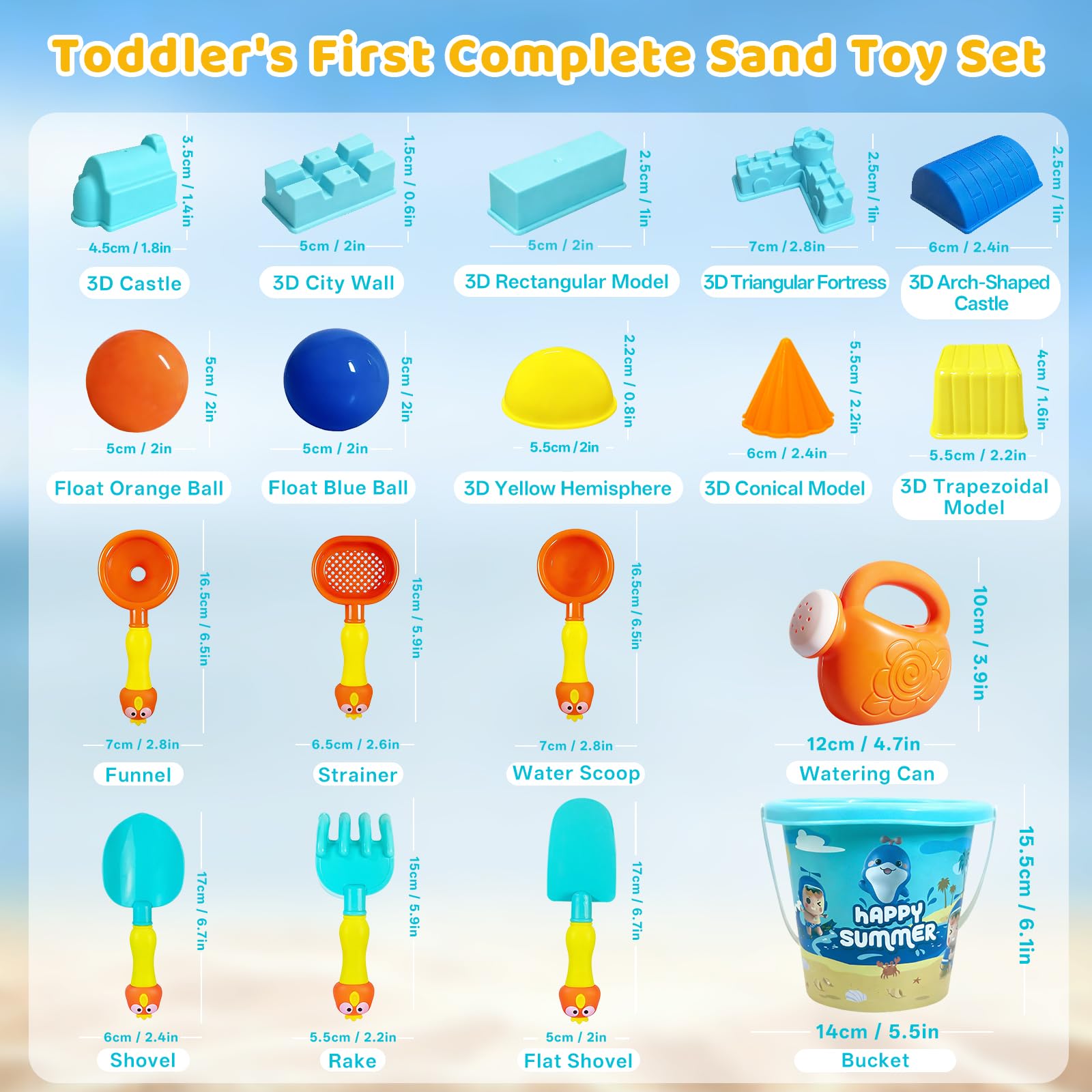 Giochi da Spiaggia per Bambini, 20Pezzi Accessori per Sabbiera con Secchiello e Paletta, Annaffiatoio, Formine Spiaggia e Borsa Rete, Giochi di Sabbia Estivi da Viaggio per Bambini Bambine