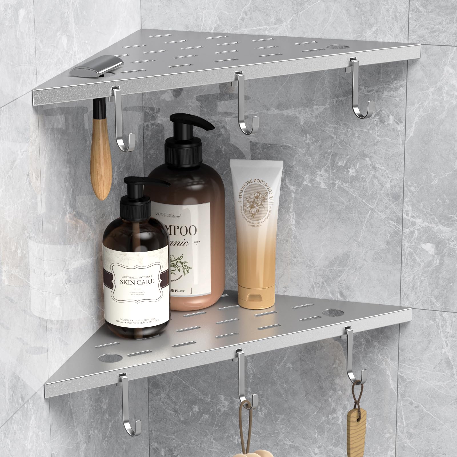 Photo 1 of SZWQILIN Corner Shower Shelves 10" Matte Black 304 Stainless Steel Recessed Shelf for Bathroom?Shower Corner Rack with Razor Hole Hook?Grout in Shelf for Tiled Wall, 2 Pack (Silver)LPNPMGP3497186