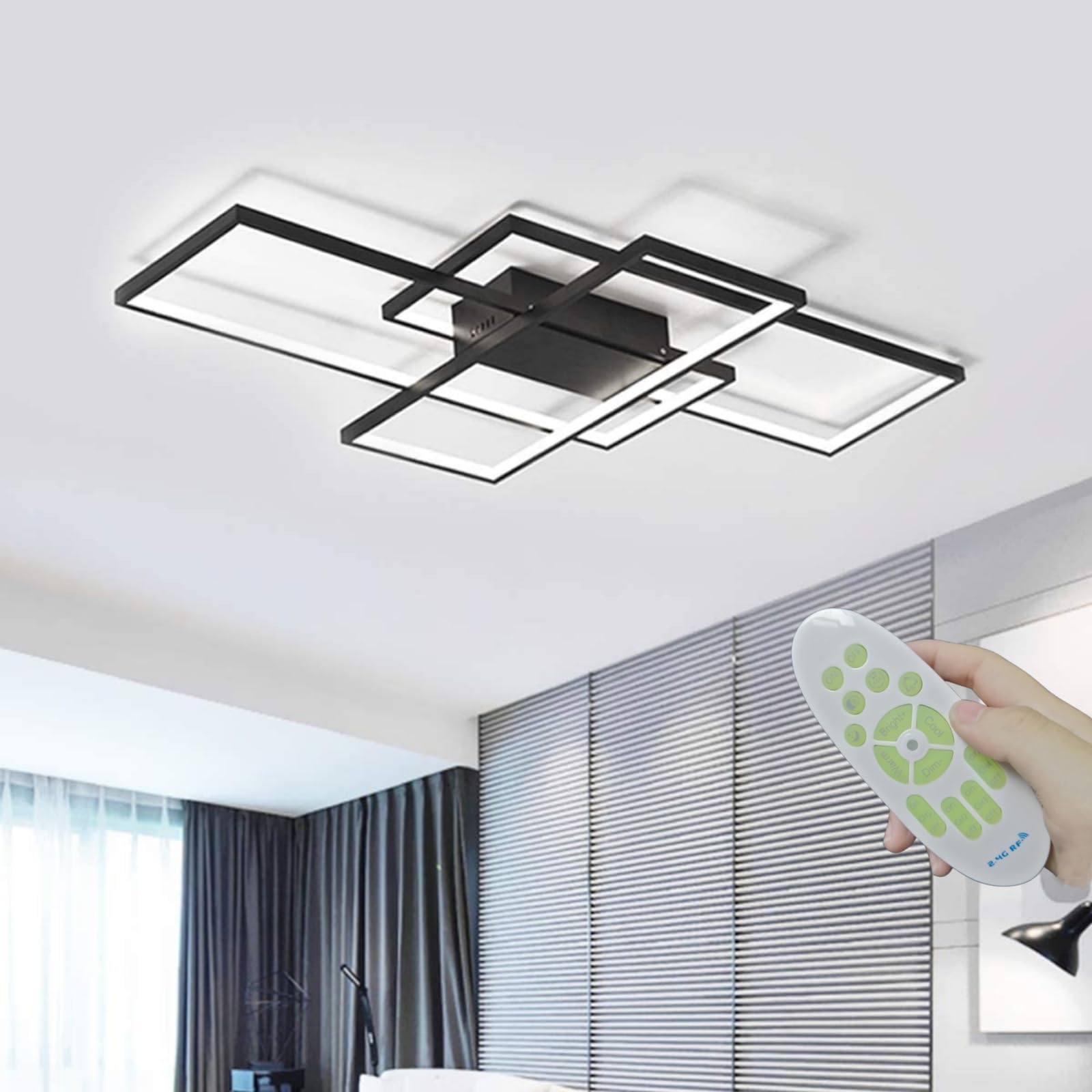 Modern LED Ceiling Light Fixture 65W Dimmable with Remote Control Ceiling Lighting, Black Flush Mount Chandelier Ceiling Lamp, Kitchen Lighting Bedroom Decorative Lamp, 110cm