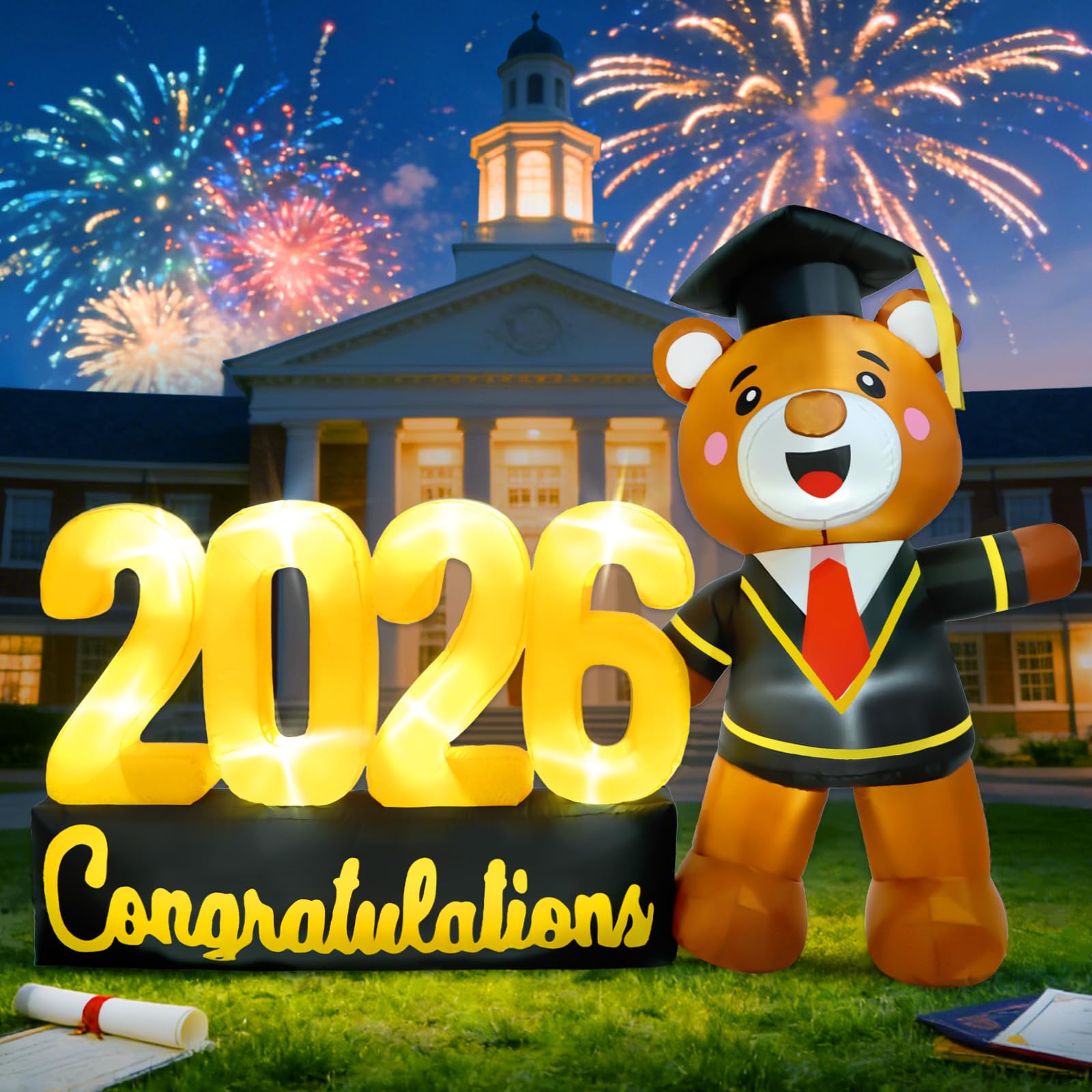 Photo 1 of 2026 Inflatable Grad Letters Giant Bear 7ft Graduation Decorations 2026 Blow Up Congrats Grad Yard Sign, Bright Lighted Outdoor Lawn Graduation Party Decoration & School Event