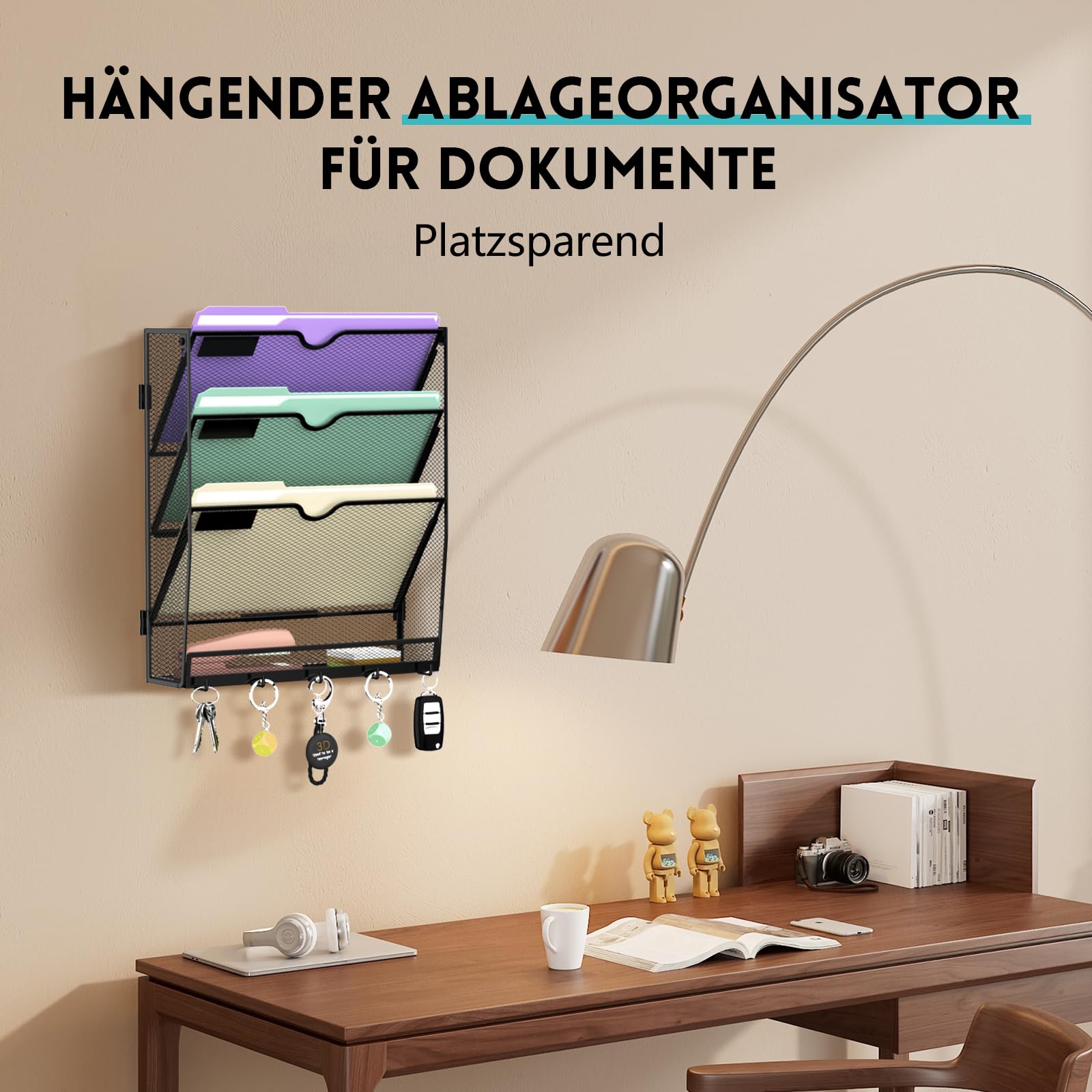 RITOLLO 4 Fächer Metall A4 Zeitschriftenhalter mit 5 Haken, hängender Wandhalter zur Wandmontage, praktischer Wandorganizer für Papier, Ordner, Magazine und Rechnungen, Schwarz