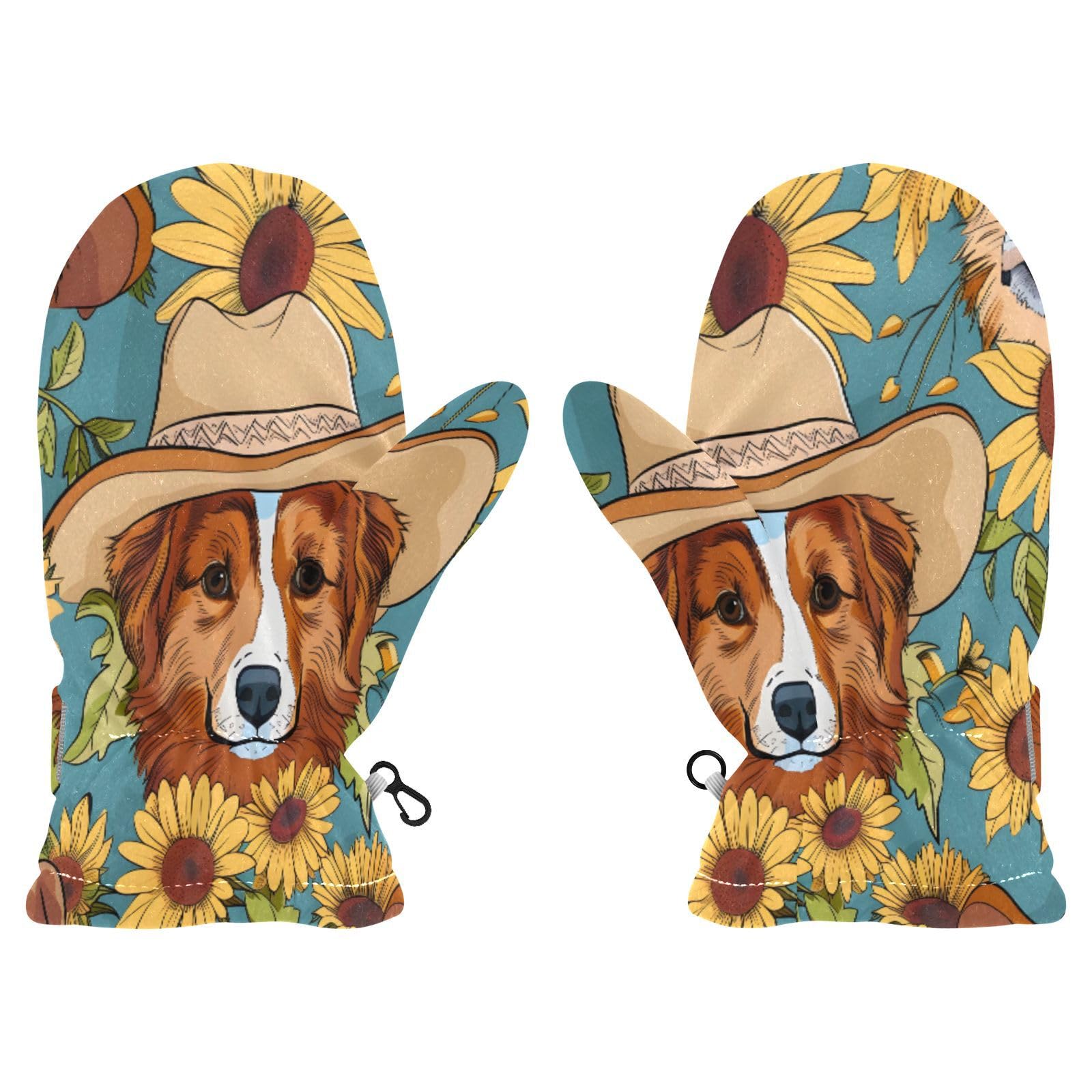 Kid's Winter Gloves Children Warm Gloves Cowboy Hat Dog Sunflowers for Boys Girl Age 2-4 Years