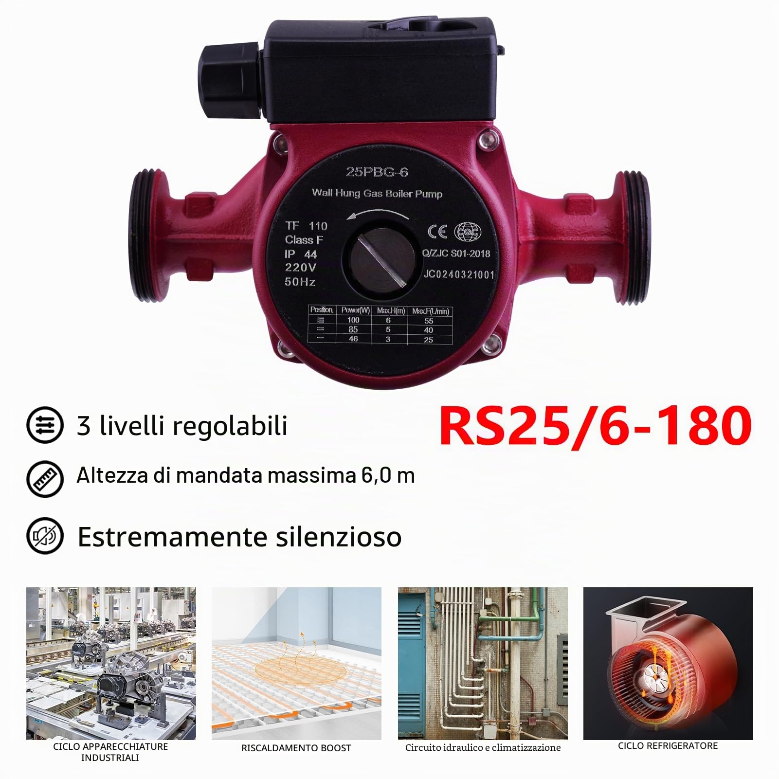 Pompa di circolazione per riscaldamento, RS25-6/180, pompa di riscaldamento con 3 livelli di potenza (46/85/100W), circolazione per acqua calda, pressione a 3 stadi (3/5/6m),piscina