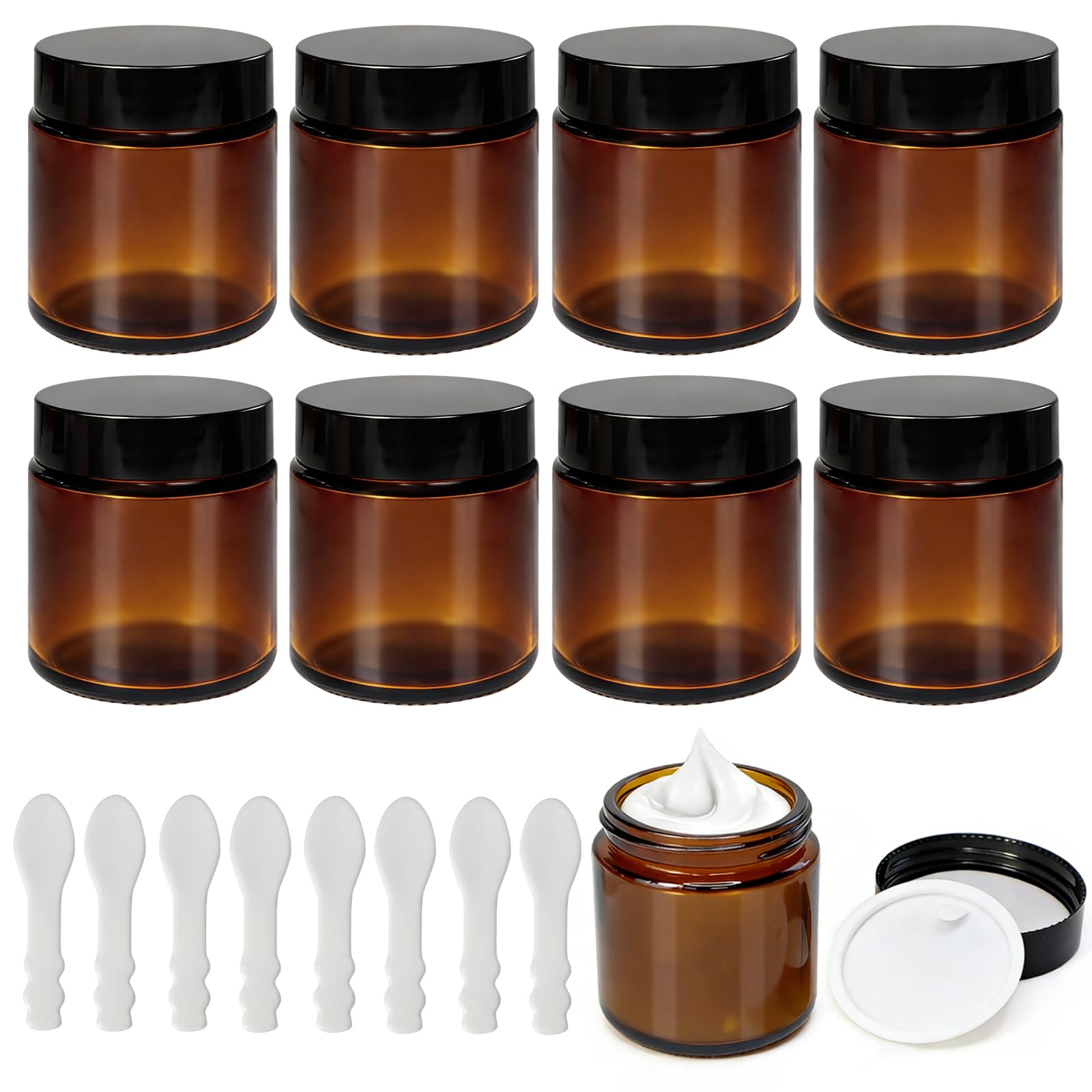 8 Pezzi Barattoli in Vetro Ambrato con Coperchio 100ml/100g, Contenitori per Lozioni Cosmetiche con Coperchio Interno a Tenuta Stagna, Bocca Larga e Liscia, Barattoli per Creme Richiudibili