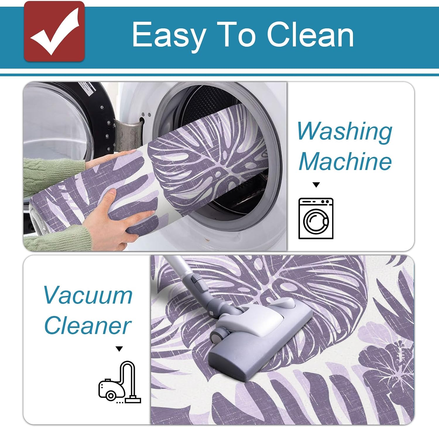 Purple Palm Leaves Kitchen Mats Set of 2 Tropical Botanical Minimalist Modern Non Slip Mat Washable Floor Rug for Kitchen Sink Floor Laundry, 15.7"x23.6"+15.7"x47.2"