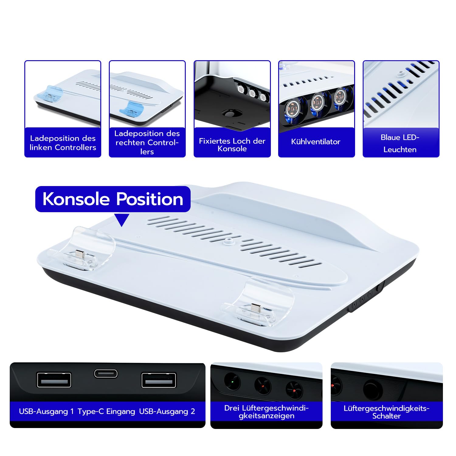 Wigearss PS5/PS5 Slim/PS5 Pro Kühler Standfuß mit Dual Controller Ladegerät, PS5 Controller Ladestation Standfuß mit Lüfter für PS5/PS5 Slim/PS5 PRO