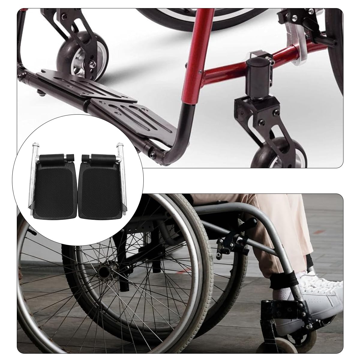 Sarini Reposapiés para silla de ruedas, a prueba de arañazos, universal, accesorios para sillas de ruedas, equipo resistente, fácil de instalar, plástico con poste