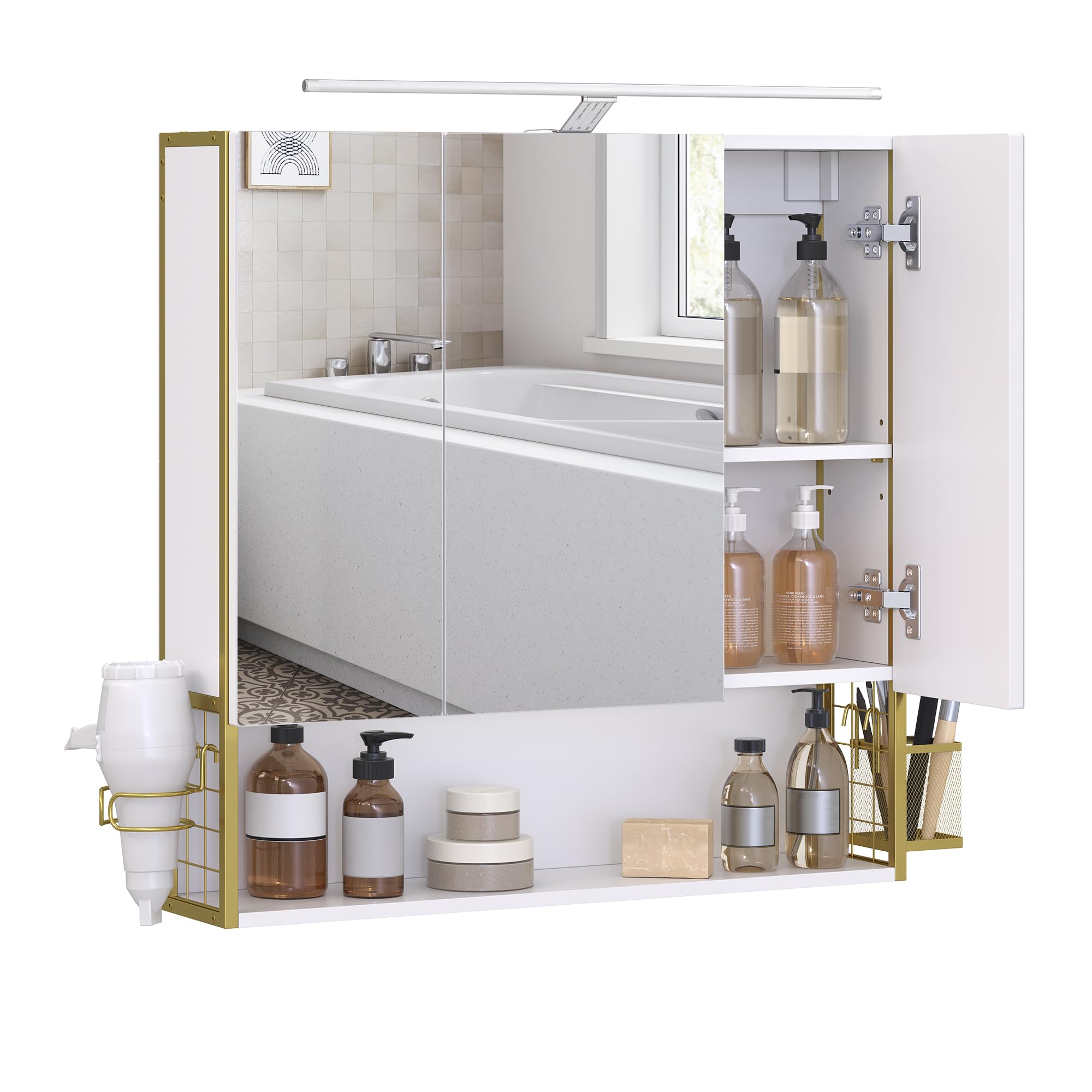 VASAGLE Spiegelschrank Bad mit Beleuchtung, Stecker, Hängekorb, Haartrockner-Halter, Badezimmerschrank, Badschrank, Wandschrank, 70 x 16,3 x 70 cm, 3 Spiegeltüren, weiß BBK124A10