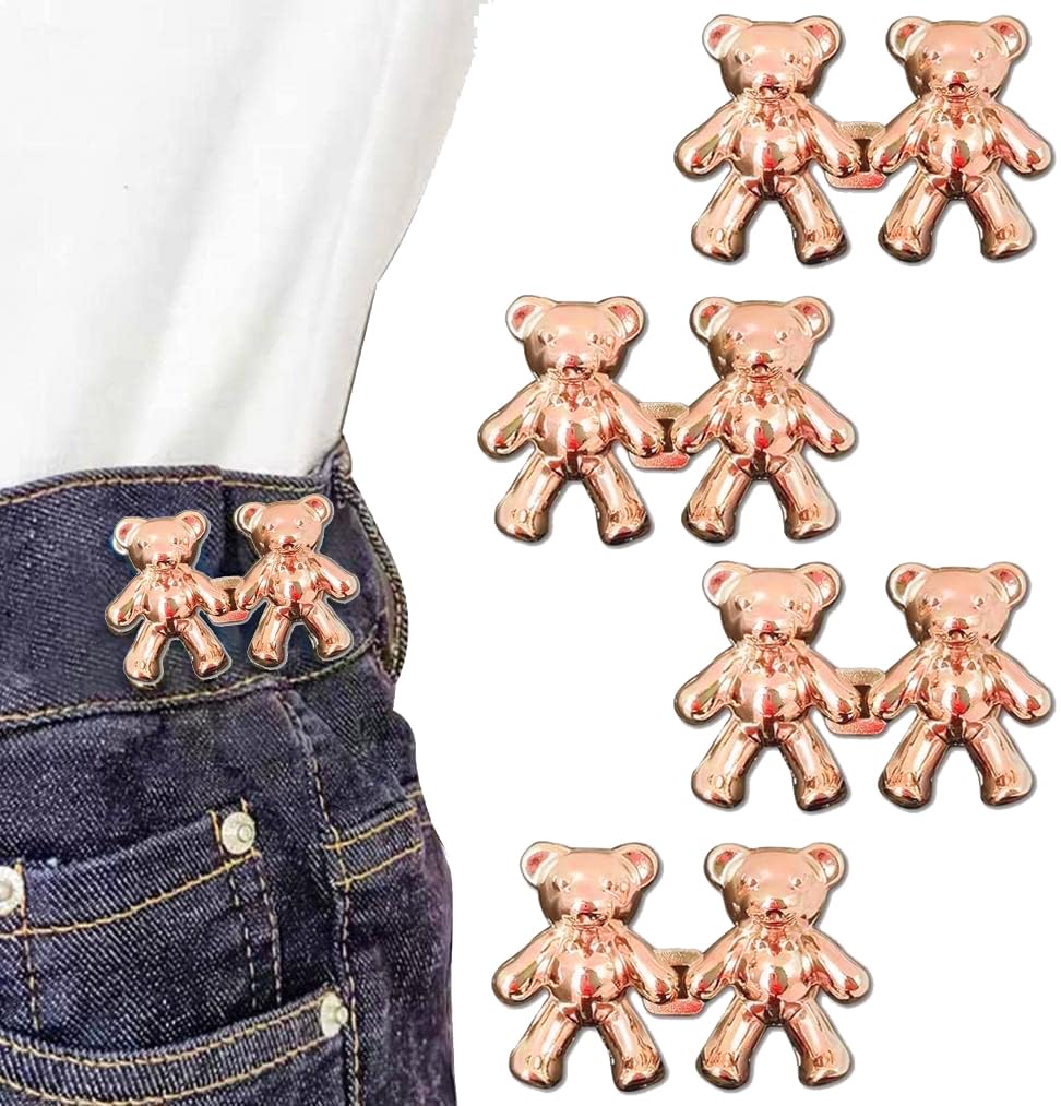 Goodern 4 Pair Jeans Buttons Adjustable Bear Button Pins for Jeans,Decorative Waist Buckles,Pants Waist Tightener Waist Buckle Extender,Detachable Button Pins for Jean Skirt Dress Pants Too Big-Gold
