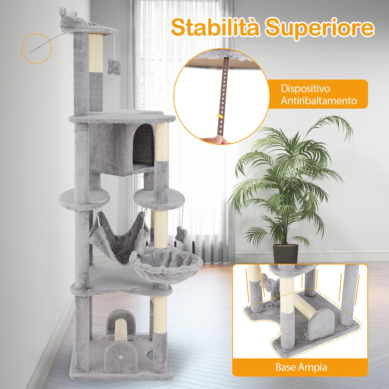 COSTWAY Tiragraffi 176cm, Albero per Gatti con Letto a Cesta, Amaca, Palline, Piattaforme di Salto, Giocattoli, Torre per Animali Domestici da Interno, Grigio
