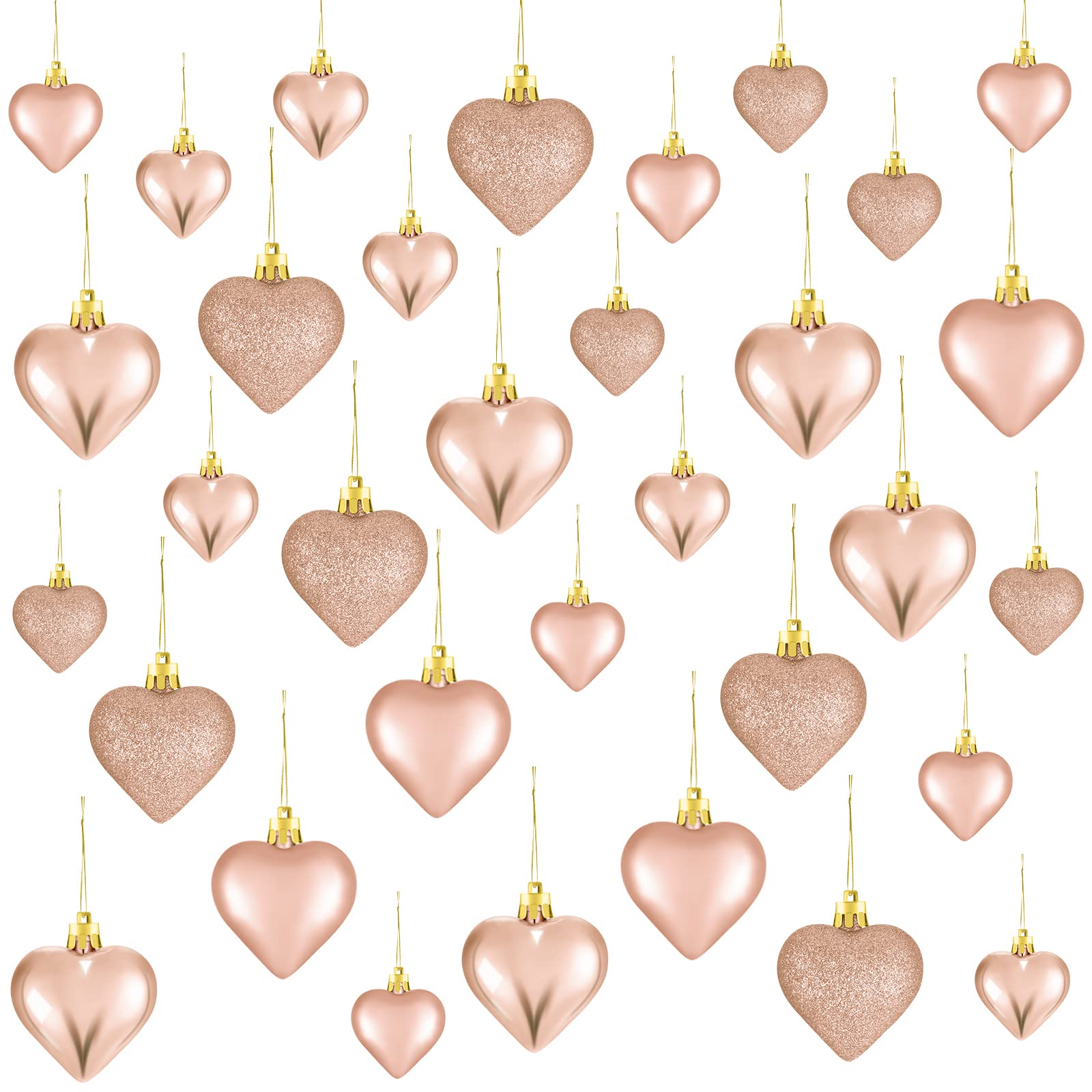 Skylety Valentine's Day Heart Ornaments, 3 Heart Baubles Heart Shaped Christmas Tree Baubles Heart Hanging Decorations for Valentine's Day Wedding Anniversary, 2 Sizes (Rose Gold,30 Pieces)