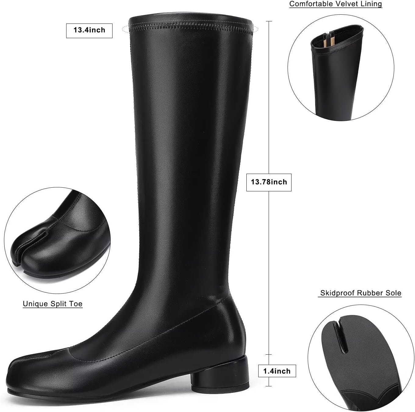 Women Fashion Knee High Stretched Leather Boots Split Toe Round Block Heels Tabi Shoes Side Zipper Black Mid Calf Boots