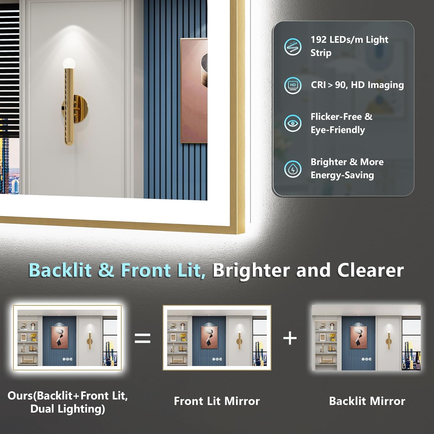 60x36 Gold LED Bathroom Mirror with Lights, Brushed Gold Framed Backlit and Front Lit Anti-Fog Lighted Vanity Mirrors for Bathroom Wall, Dimmable, 3 Colors, Memory, HD Tempered Glass, CRI＞90