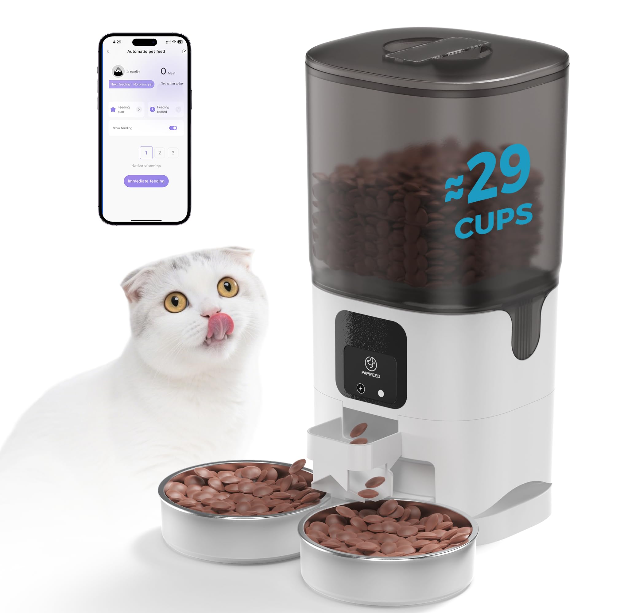 PAPIFEED 7L Automatic Cat Feeder for 2 Cats - 2.4G WiFi Timed Auto Feeder with APP Control, Cat Food Dispenser with Alexa for Multiple Cats, Detachable for Easy Clean, 1-10 Meals Per Day - White