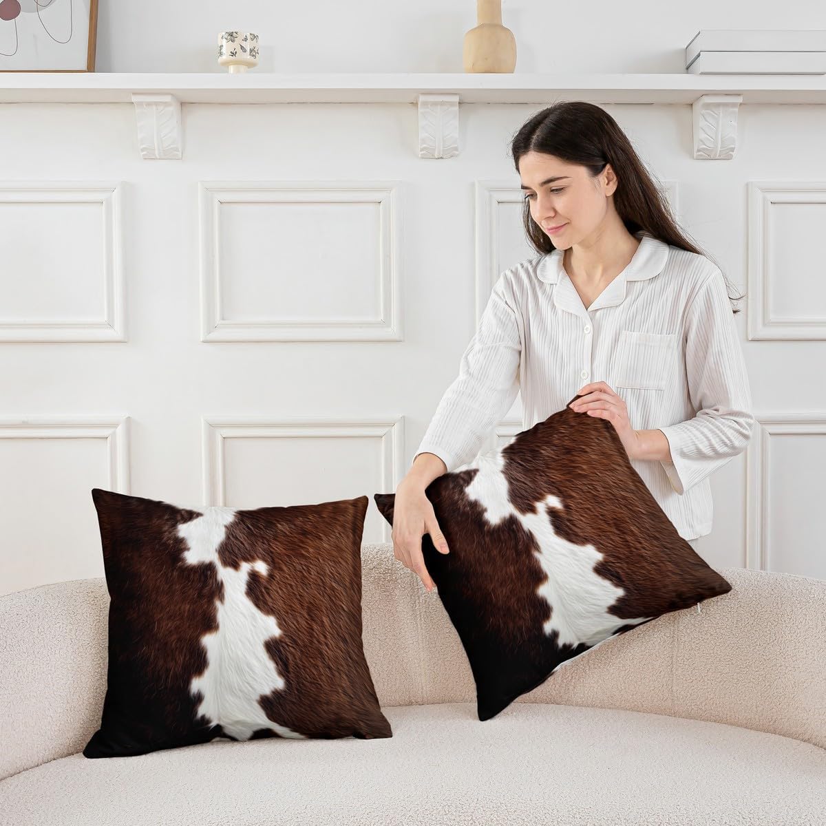 Pack of 4 Cowhide Fur Throw Pillow Covers 20x20 Kids Brown White Cow Hair Pillow Covers Cow Print Cushion Covers Women Men Rustic Cow Skin Farmhouse Animal Lumbar Decorative Square Pillow Cases