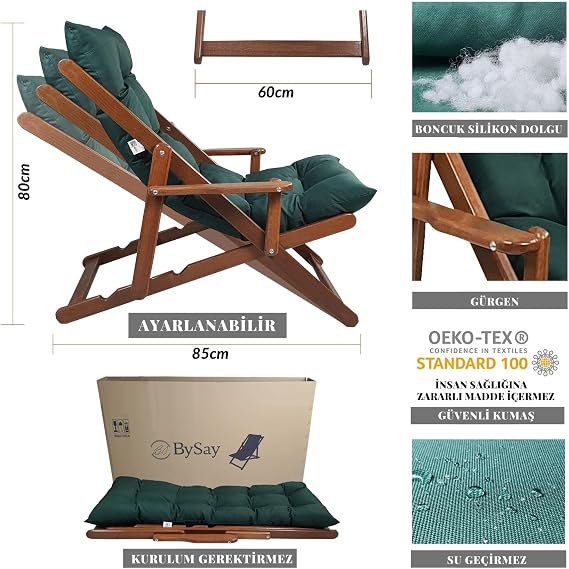 Bysay Wood Foldable Portable Puff Cushion Sleeve Sun Lounger. For Beach, Garden, Balcony (walnut-green)