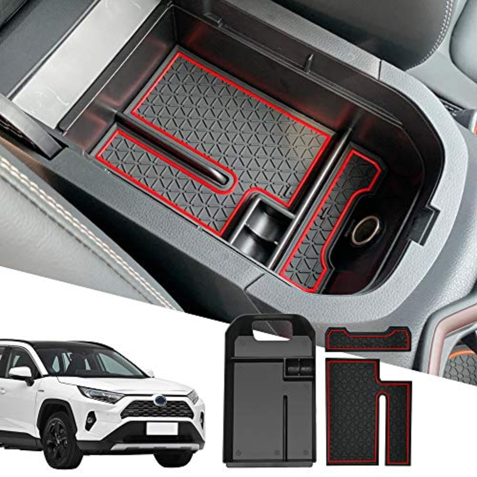 Organizer na konsolę środkową, schowek w podłokietniku, kompatybilny z Toyota RAV4 2019-2025, tacka do wkładania do samochodu, dodatkowe akcesoria wewnętrzne(Red)