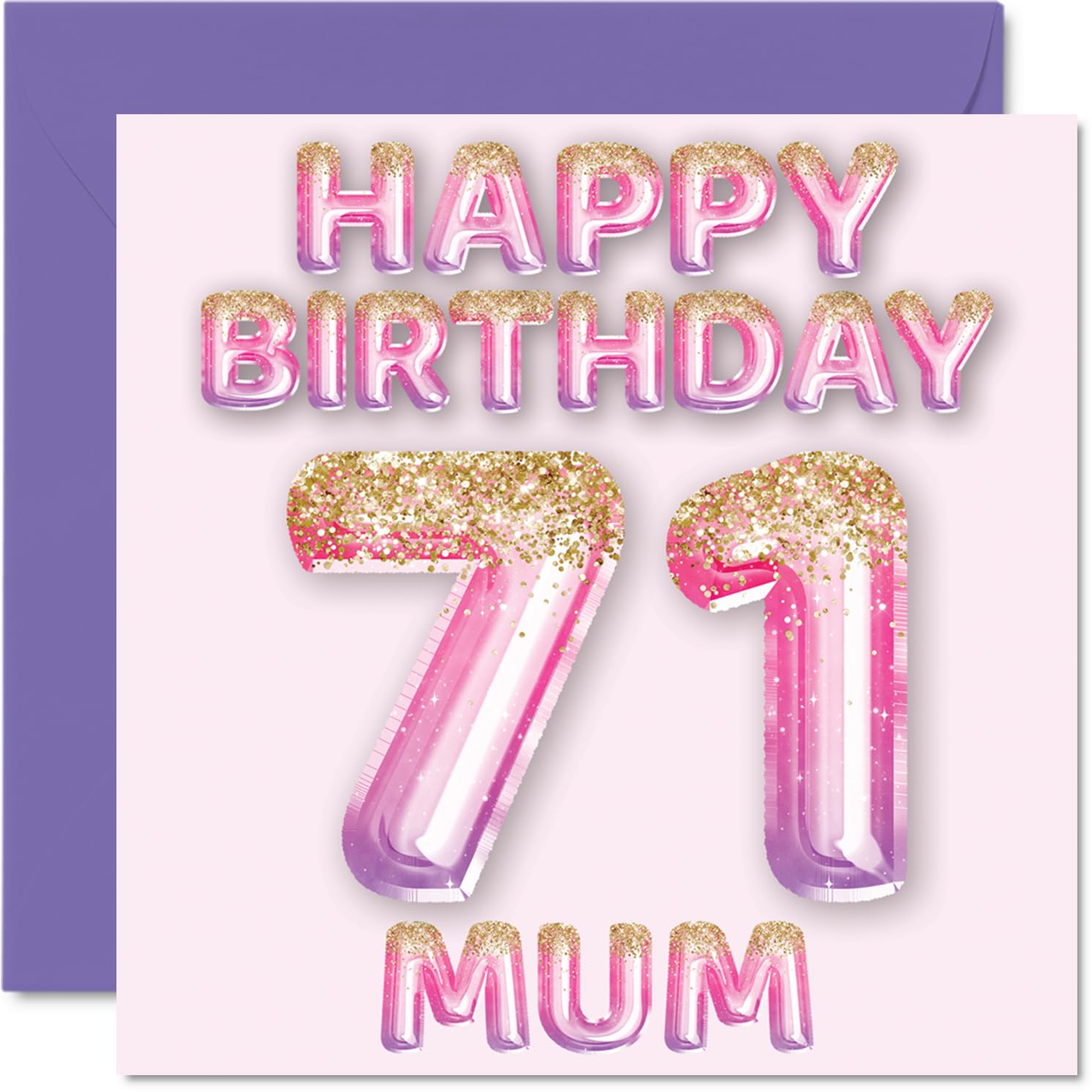 71st Birthday Card for Mum - Pink & Purple Glitter Balloons - Happy Birthday Cards for 71 Year Old Mum Mother from Son Daughter, 145mm Bday Greeting Cards Gift