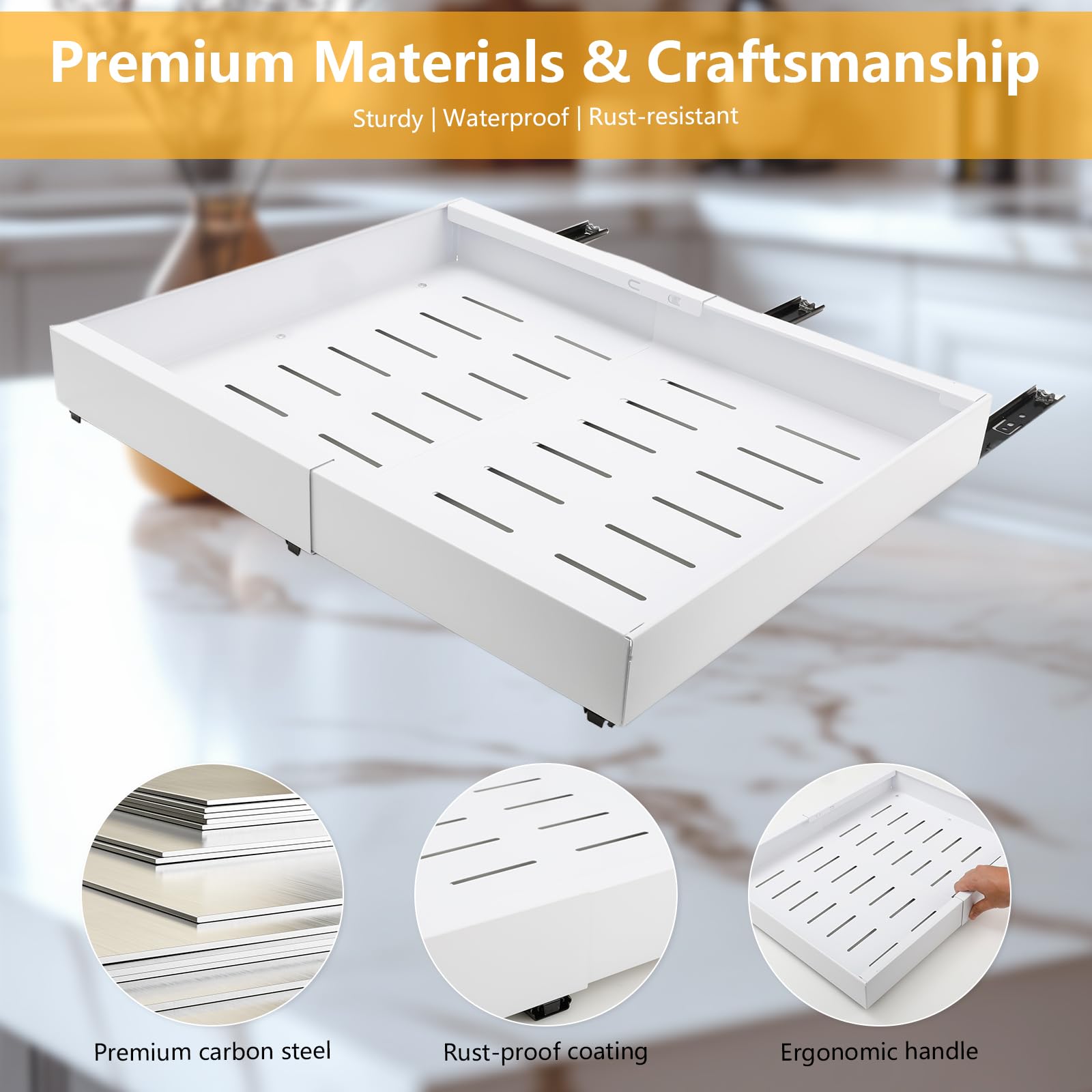 VINATO Teleskopschublade, Ausziehbare Schublade KüChe, Verstellbare Breite (32-52 Cm B X 42 Cm T X 7.5cm H), Slide out Drawer mit Klebefolie, Schrankauszug KüChe, Weiß