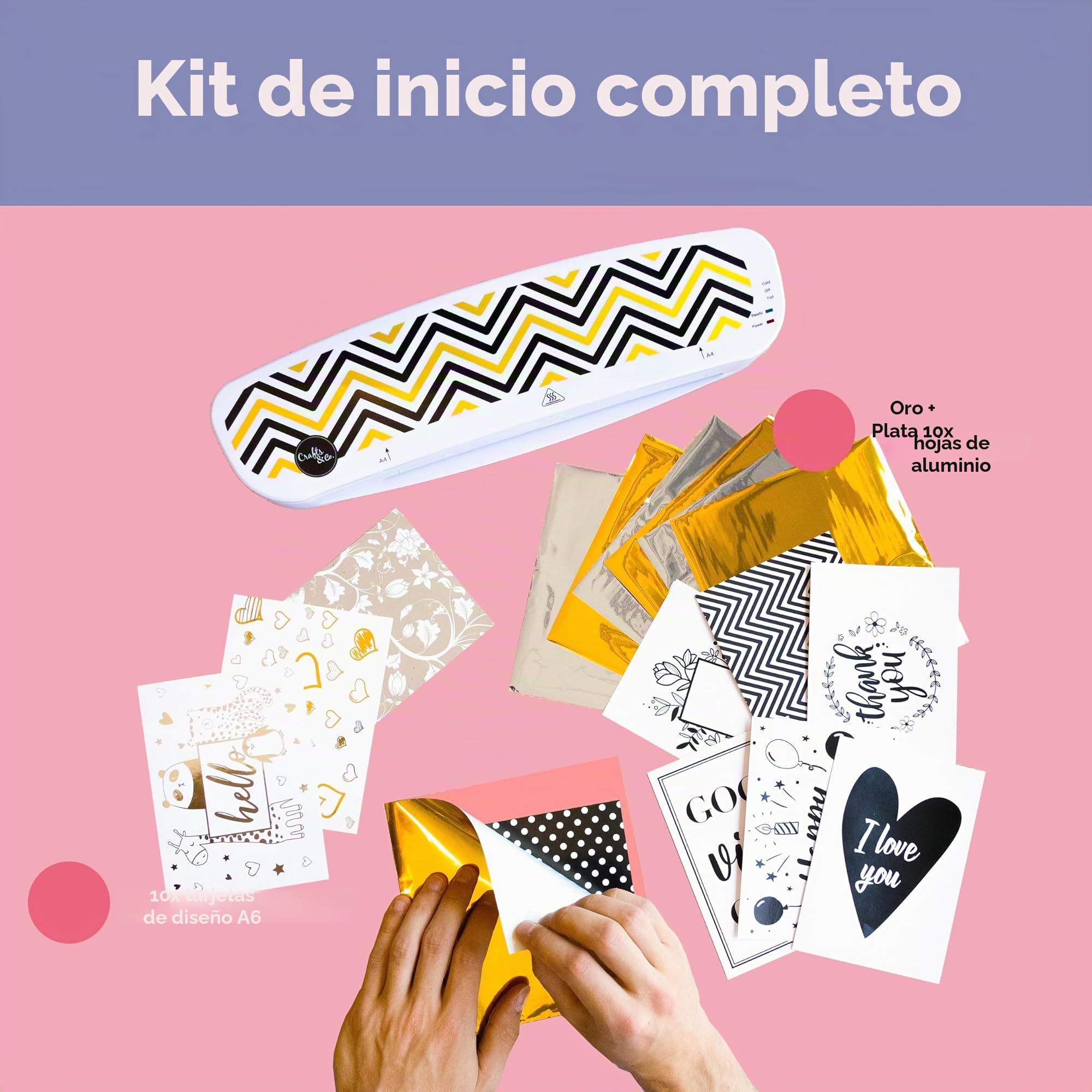 Crafts&Co® Hot Foil Applicator | Incluye 5 Láminas Plateadas y 5 Doradas, 10 Tarjetas A6 Impresas + 1 Carpeta Transparente | Blanco