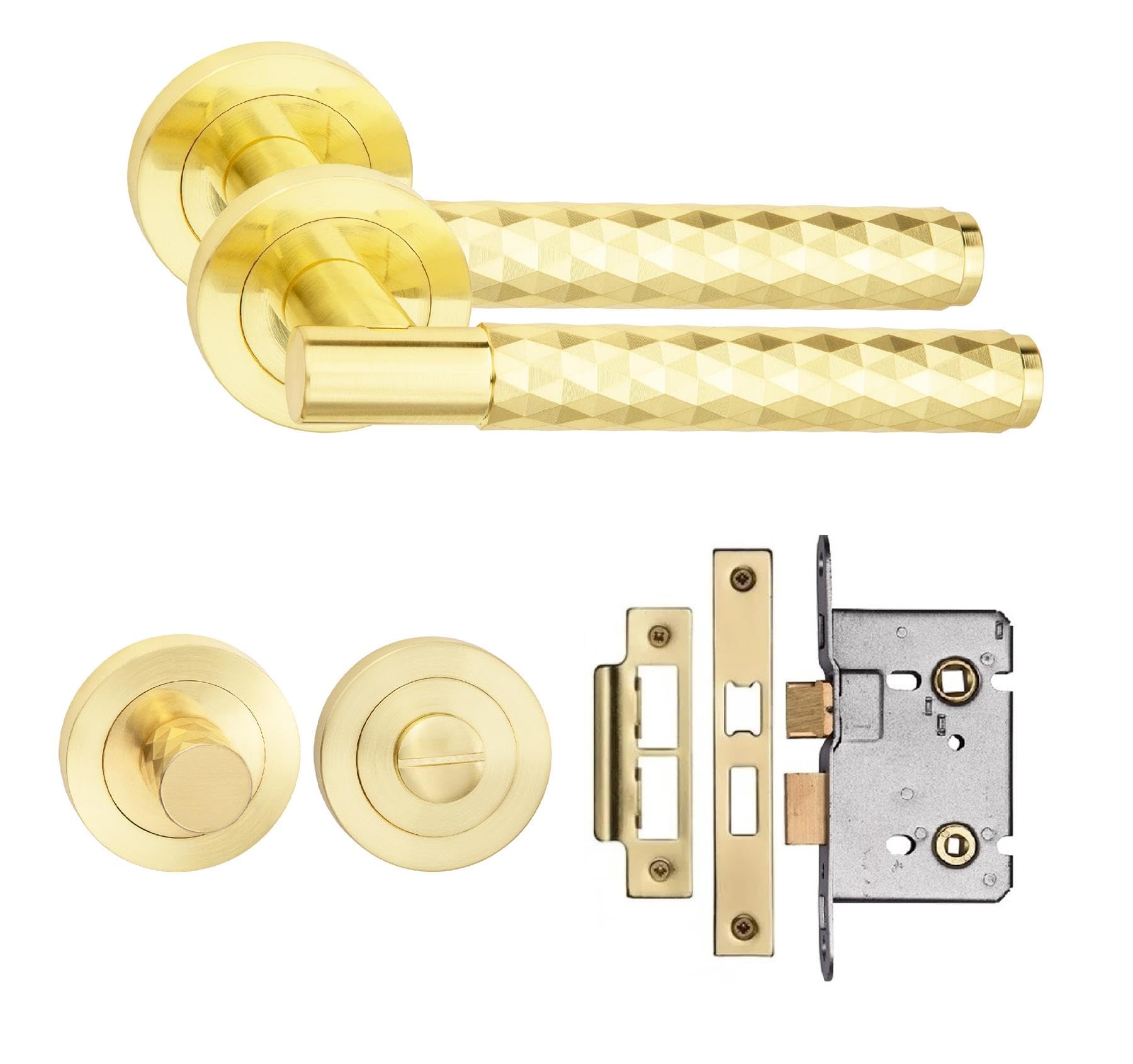 Golden Grace Satin Brass Knurled Diamond Cut T-Bar Bathroom Door Handle Set Thumbturn And Mortise Lock
