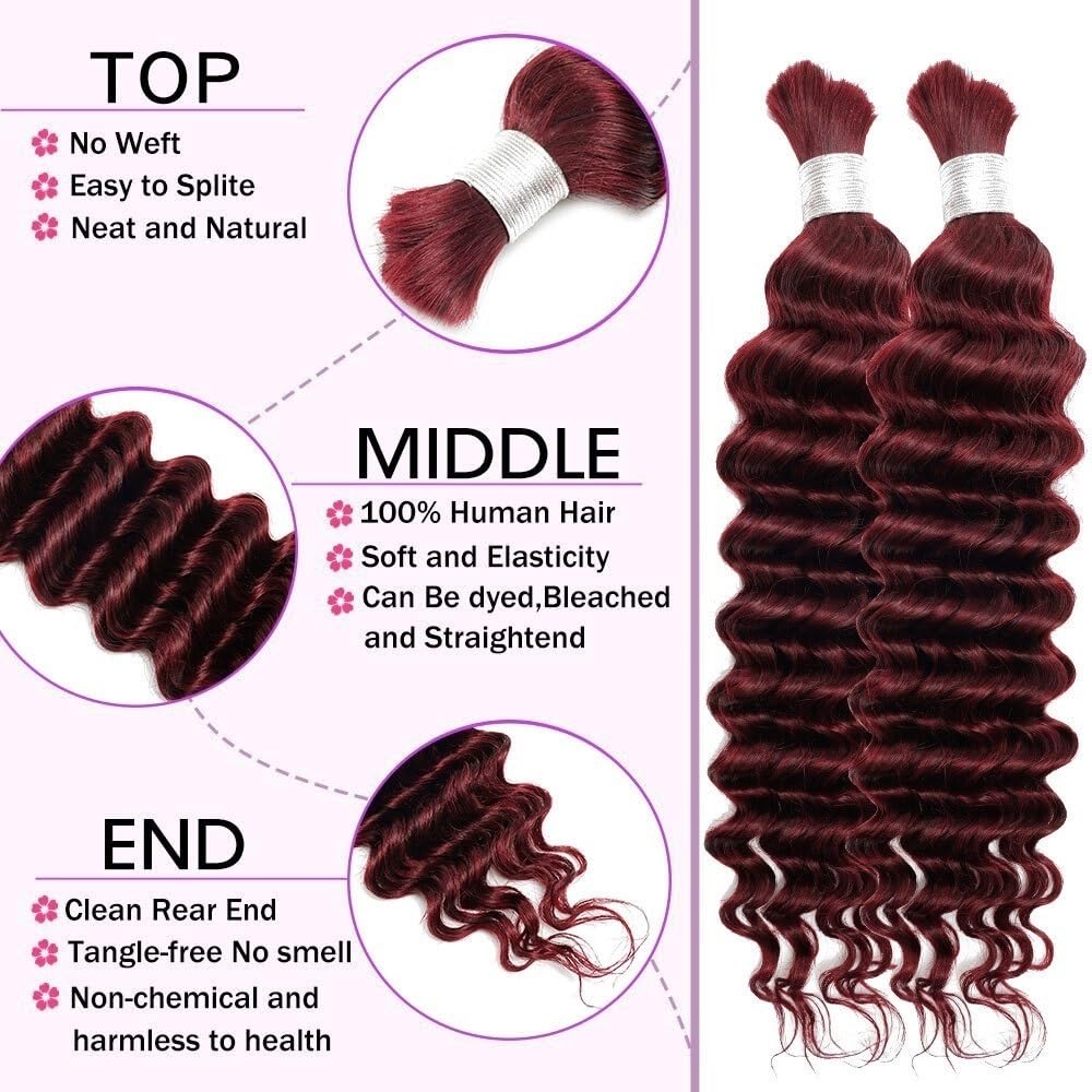 Trenza de Cabello, Extensiones de Cabello Humano Color Burdeos a Granel for trenzar, mechones de Cabello Peruano con Ondas Profundas, sin Trama(22inch)
