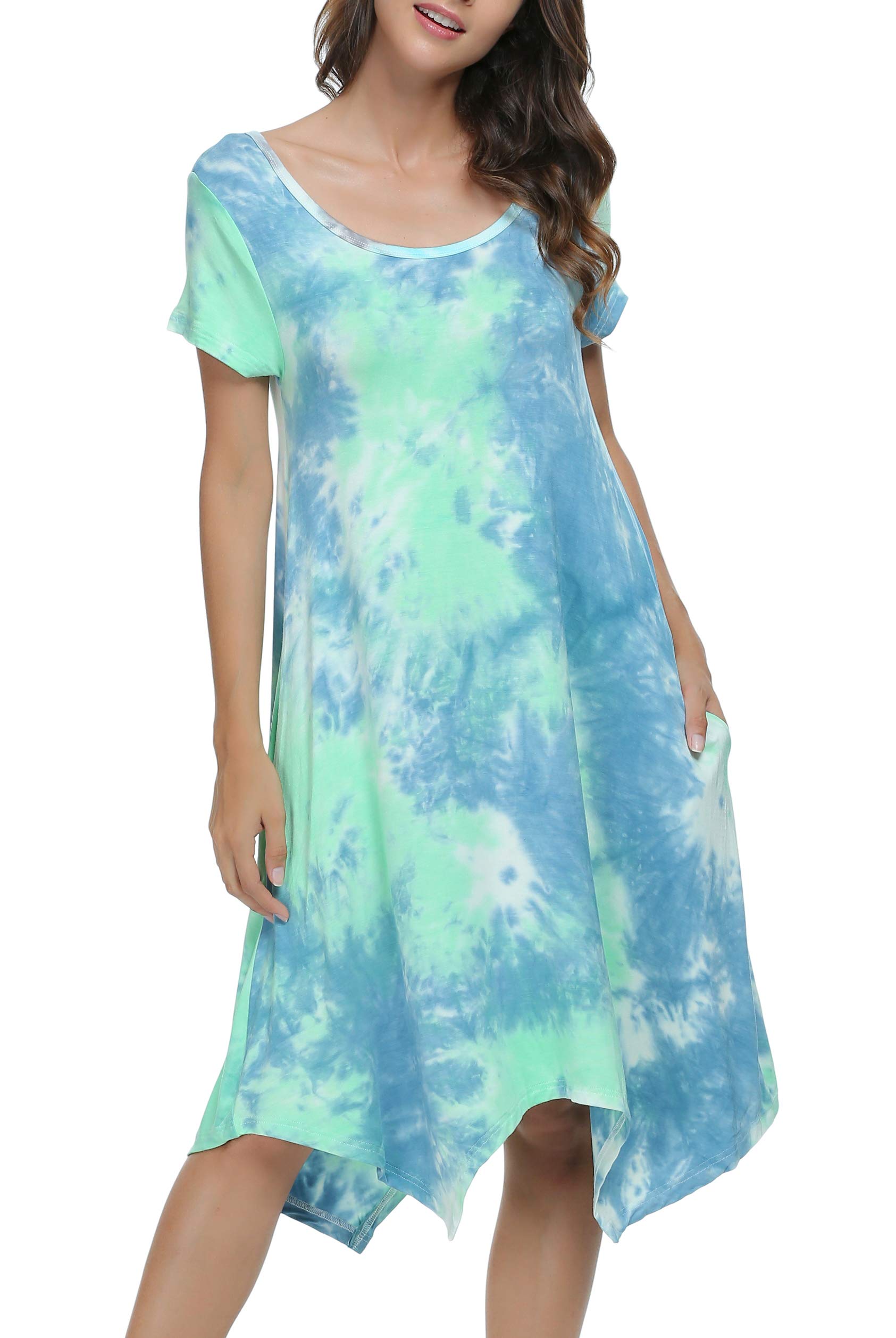 Women Casual Loose Soft Crewneck Short Sleeve Pockets Swing T-Shirt Dress | Short Sleeve Pockets Swing, Knee Length, Casual, Sizes S-5XL, Summer Beach Cover Up