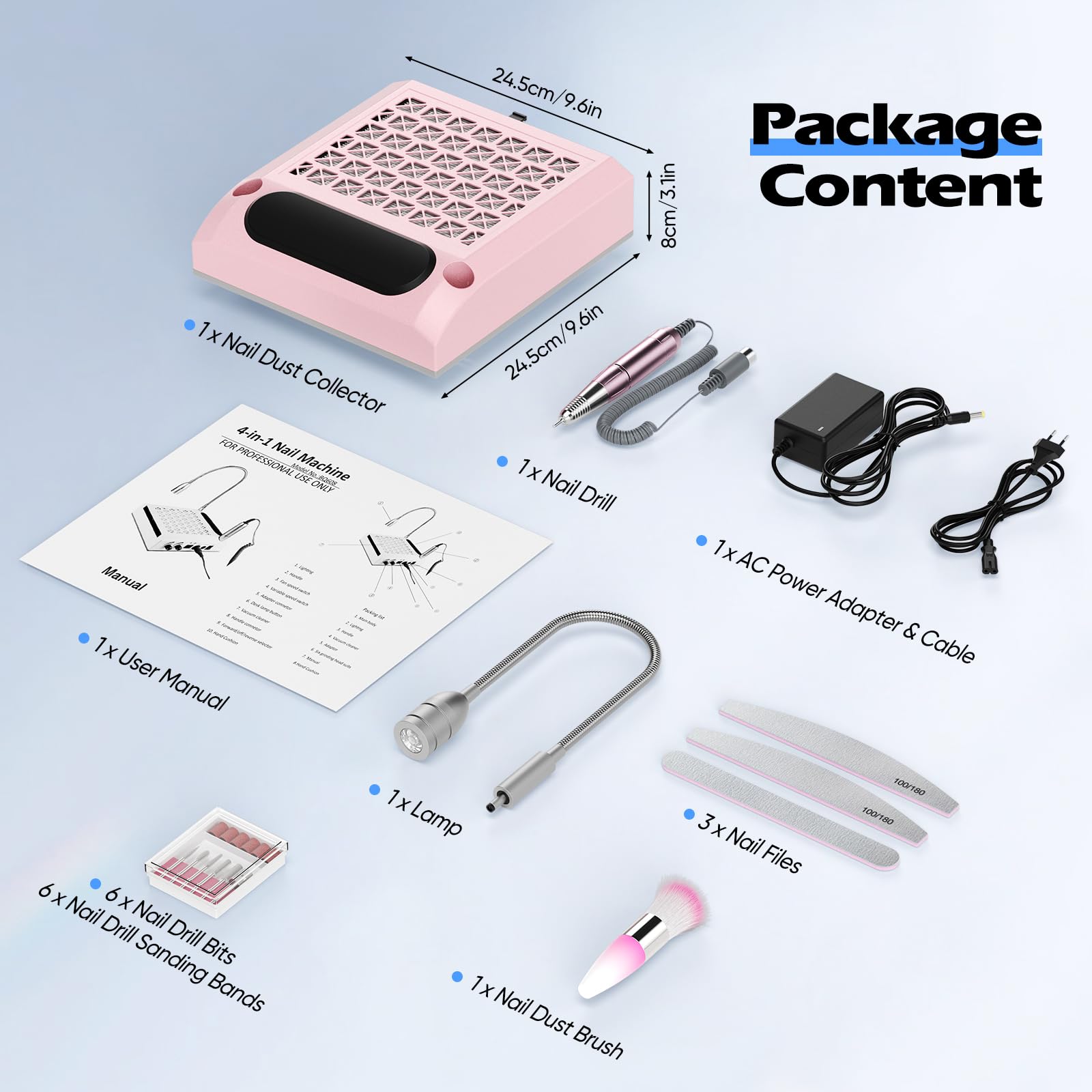 Trsaow Fresa elettrica per unghie 6 in 1, aspiratore professionale per polvere da 30.000 giri/min, potente aspiratore da 80 W, luce LED girevole da 6 W, silenzioso, con 3 lime per salone (Pink)