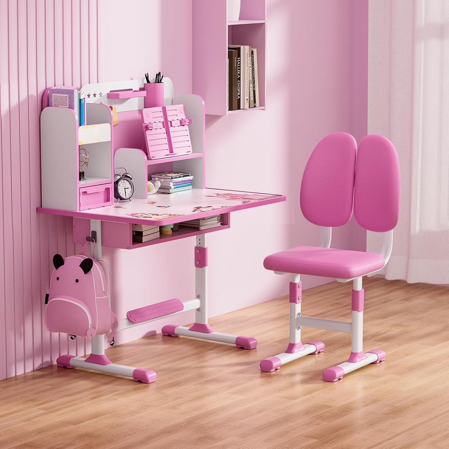 Kids Desk and Chair Set, Height Adjustable Toddler Desk and Chair Set, Children Study Table Chair Set with Sitting Corrector, Kids Art Desk with Storage and Drawers for Bedroom Reading Pink