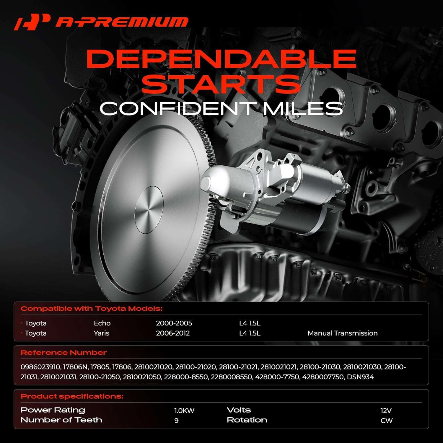 A-Premium Starter Motor Compatible with Toyota Echo 2000 2001 2002 2003 2004 2005 L4 1.5L, Yaris 2006 2007 2008 2009 2010 2011 2012 L4 1.5L, 12V 1.0KW 9-Tooth CW, Replace# 28100-21020, 28100-21021