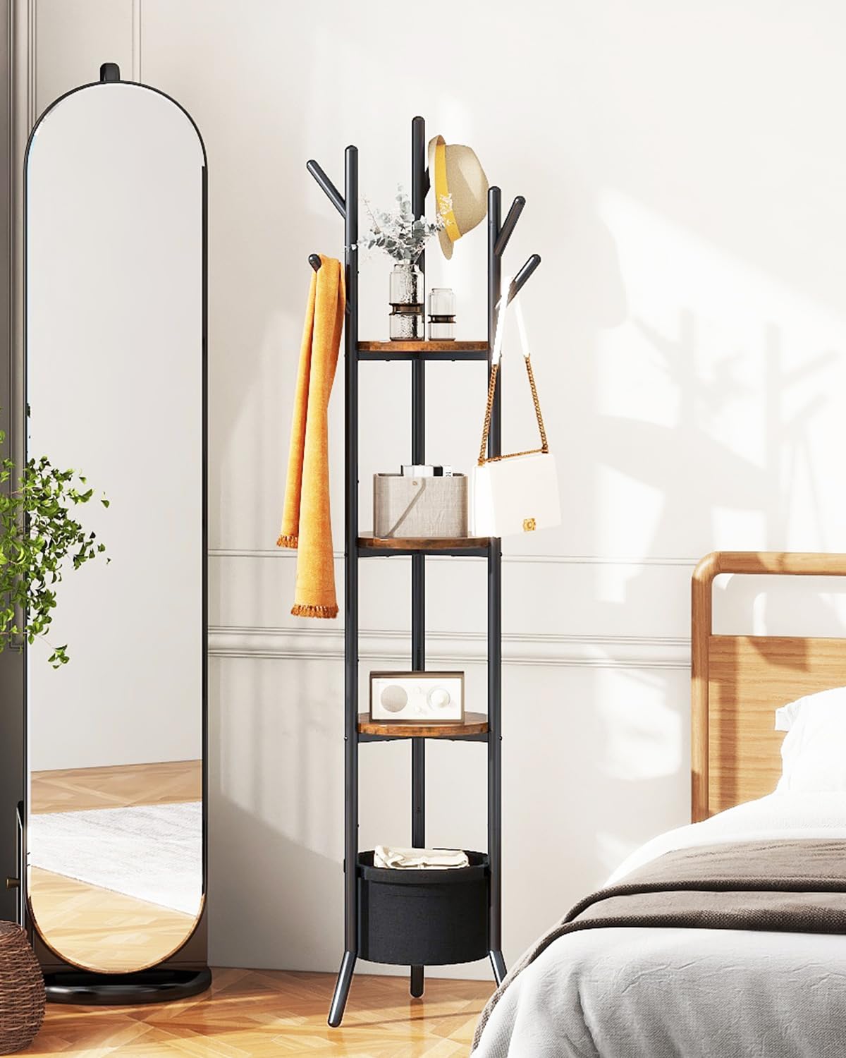 YMYNY Porte Manteau, Portant à Vêtements avec Étagères de Stockage, Arbres de Hall avec 1 Panier en Tissu, Meuble d'Entrée, Design Industriel, pour Chapeaux, Sacs Chambre, Marron Rustique HGR005H