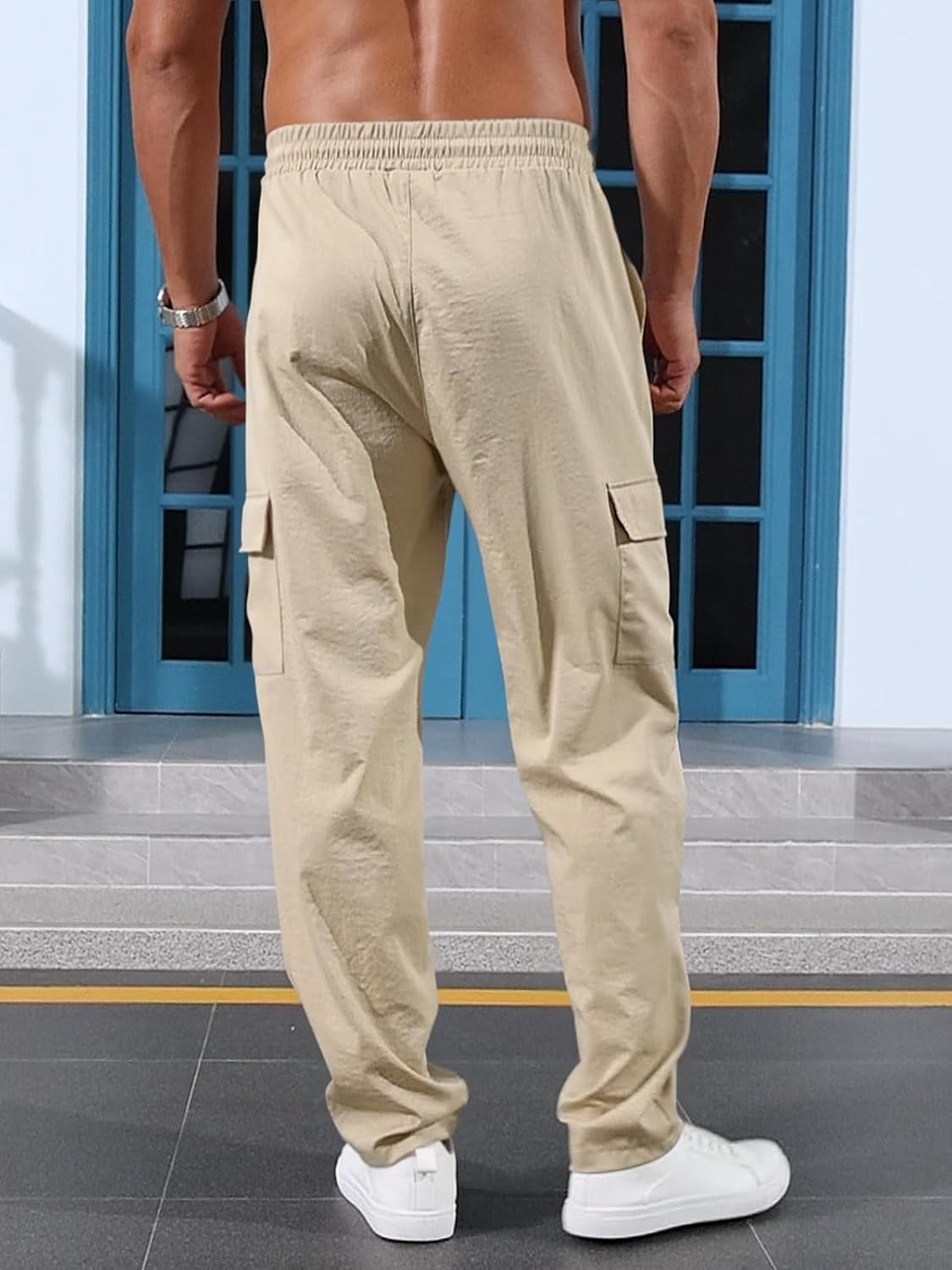 Mens Casual Cargo Pants Summer Vacation Lightweight Drawstring Pants Elastic Waist Beach Yoga Trousers with Pockets - Image 3