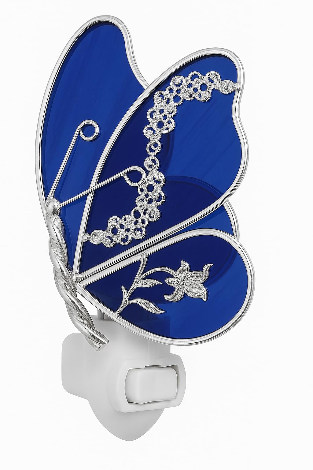 Juhlin Glass Studio Sapphire Blue Butterfly Night Light Real Stained Glass with Silver Finish 5 Watt Bulb Standard