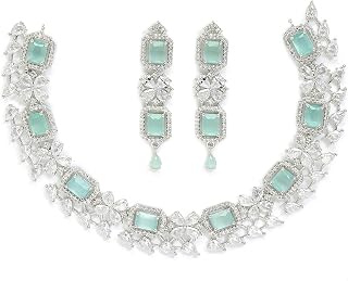 Zeneme Rhodium-Plated With Silver-Toned Green And White American Diamond Studded Necklace And Earrings Jewellery Set For W... Price In India