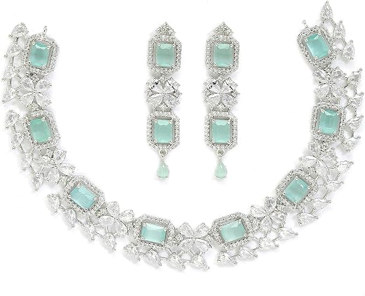 Zeneme Rhodium-Plated With Silver-Toned Green And White American Diamond Studded Necklace And Earrings Jewellery Set For W...