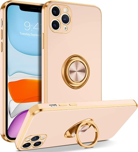 BENTOBEN Compatible with iPhone 11 Pro Case with 360° Ring Holder, Shockproof Slim Kickstand Magnetic Women Men Non-Slip Protective Phone Case for iPhone 11 Pro 5.8 inch,Light Orange Pink/Gold