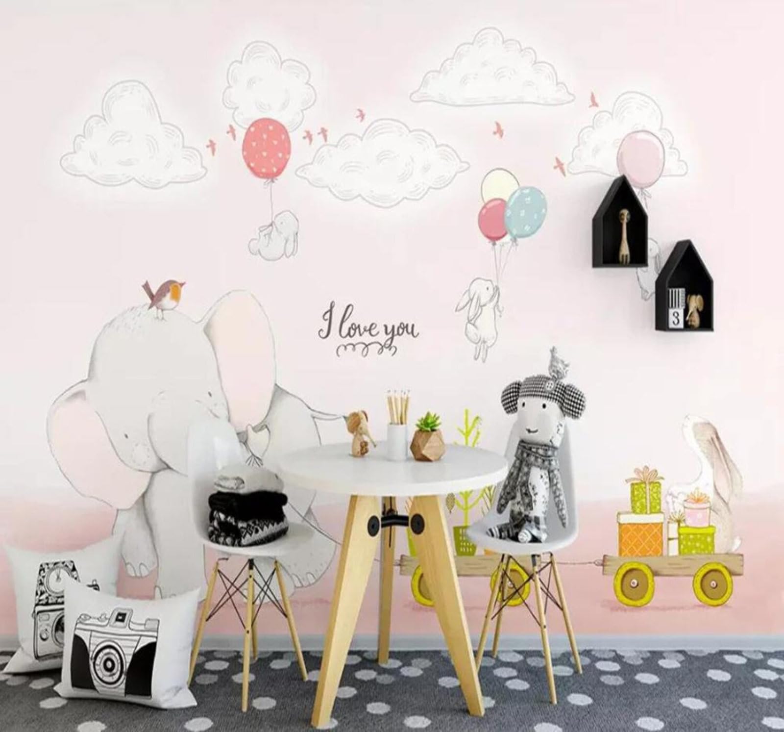 Tzxztt 350Cm×256Cm(B×H) Hand Drawn Cartoon Heartwarming Beautiful Elephant White Rabbit Modern 3D Wallpaper Premium Textured Silk Neutral Tones Material Ideal For Living Room Bedroom-350Cm×256Cm