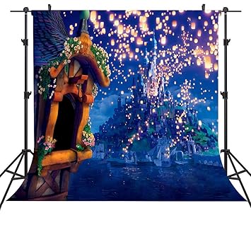 SSCSTS 6x6ft Fairytale Castle Backdrops High Tower Long Hair Princess Night Bright Lantern Glitter Light Island Castle Girl Birthday Shower Photography Background YouTube Photo Studio Prop LYST942