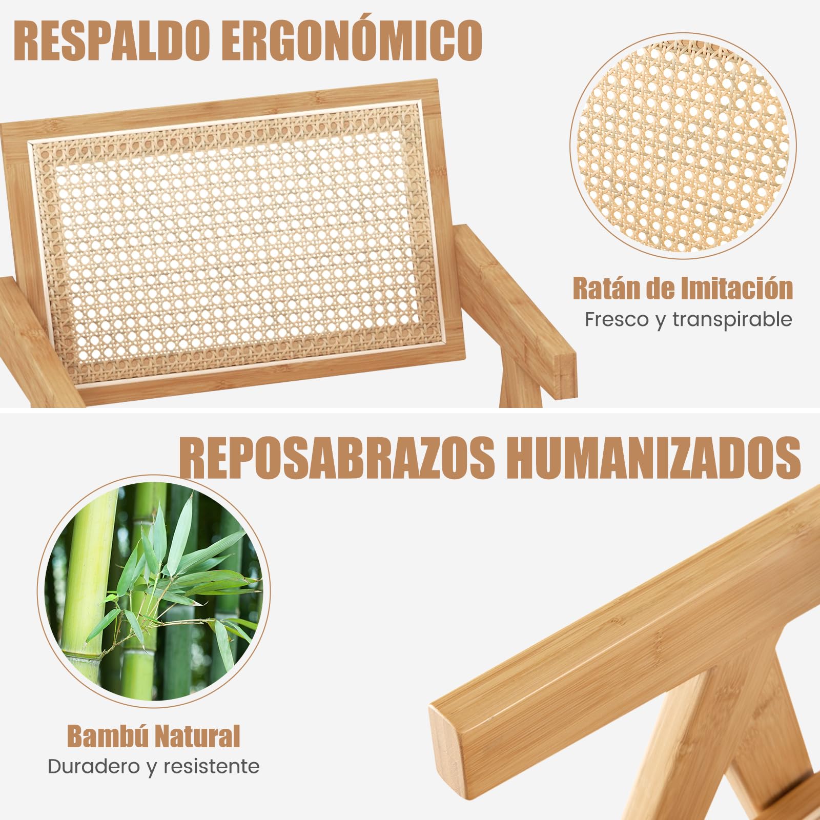 COSTWAY Juego de 2/4 Sillas de Comedor, Silla de Salón Moderna con Marco de Bambú, Respaldo y Apoyabrazos de Imitación Caña, Sillones de Ratán para Cocina, Comedor, Natural (2 Piezas)