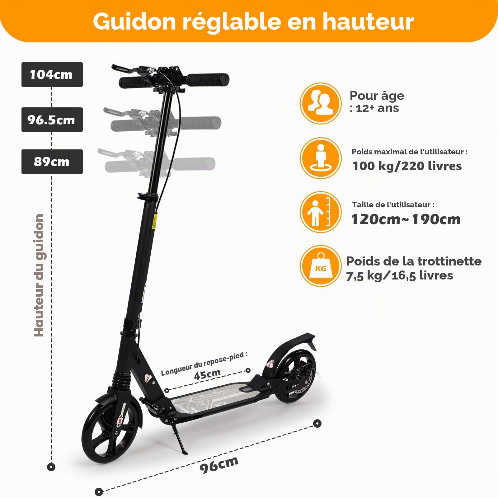 Trottinette Pliable pour Enfants de 8 à 12 Ans et Plus, Grandes Roues de 200 mm avec Freins à Disque, Trottinette pour Adultes avec Sangle de Transport et Double Absorption des Chocs