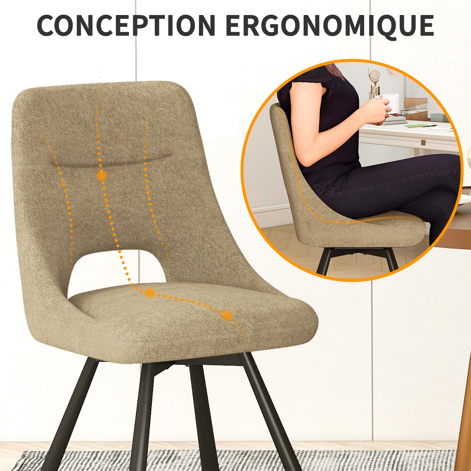 WAFTING Lot de 2 Chaises Pivotantes de Restaurant, Pivotantes à 360°, Assise de 48 cm de Large, Chaise de Salle à Manger Rembourrées avec Dossier Ajouré, pour Salle à Manger et Cuisine, Kaki