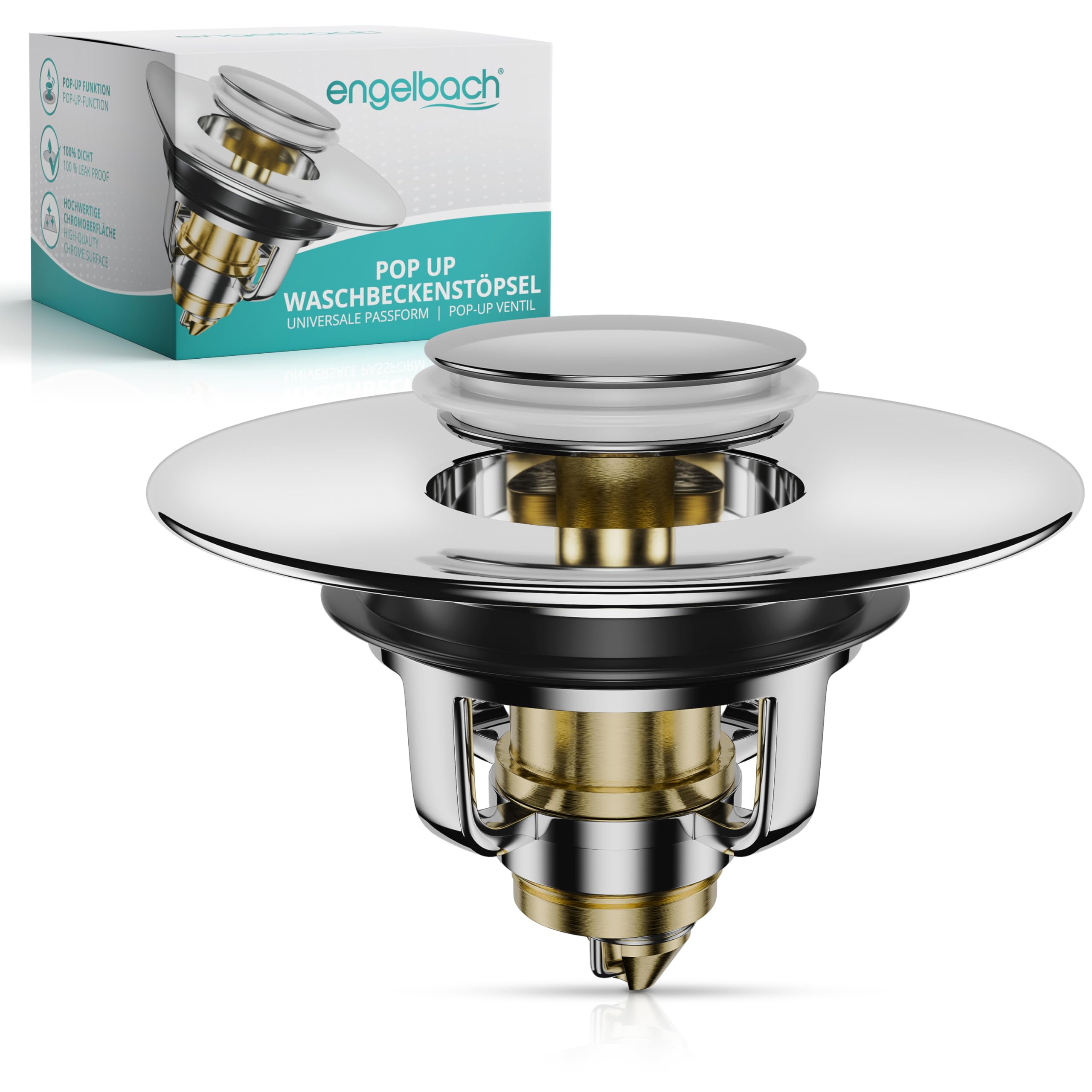 Engelbach® Waschbeckenstöpsel Pop Up 40mm Universal - wackelfrei, rostfrei & langlebig - Abflussstopfen, Stöpsel für Waschbecken & Bidets mit Haarsieb - Chrom